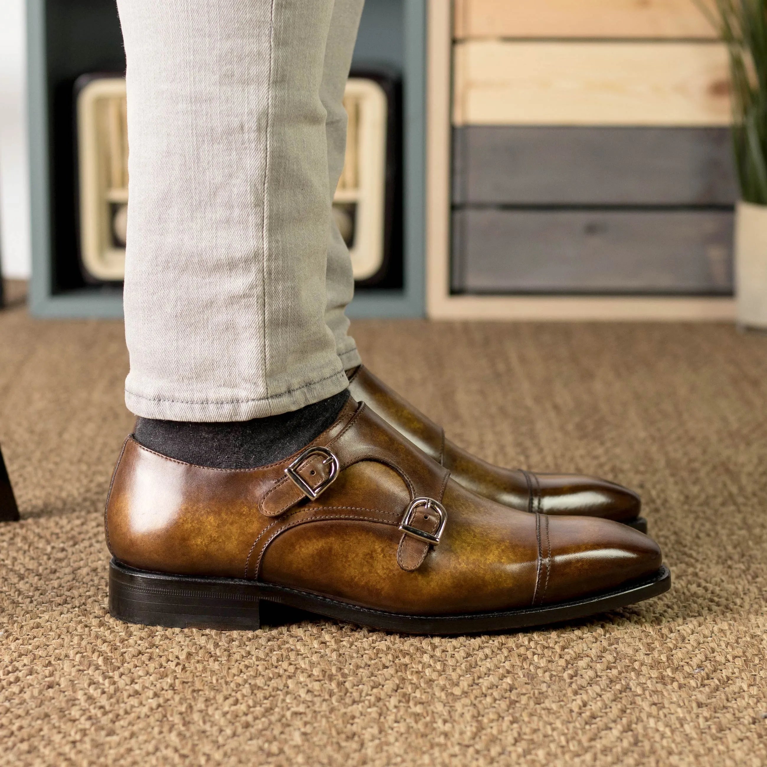 Imperial Patina Double Monk brown leather shoes back view