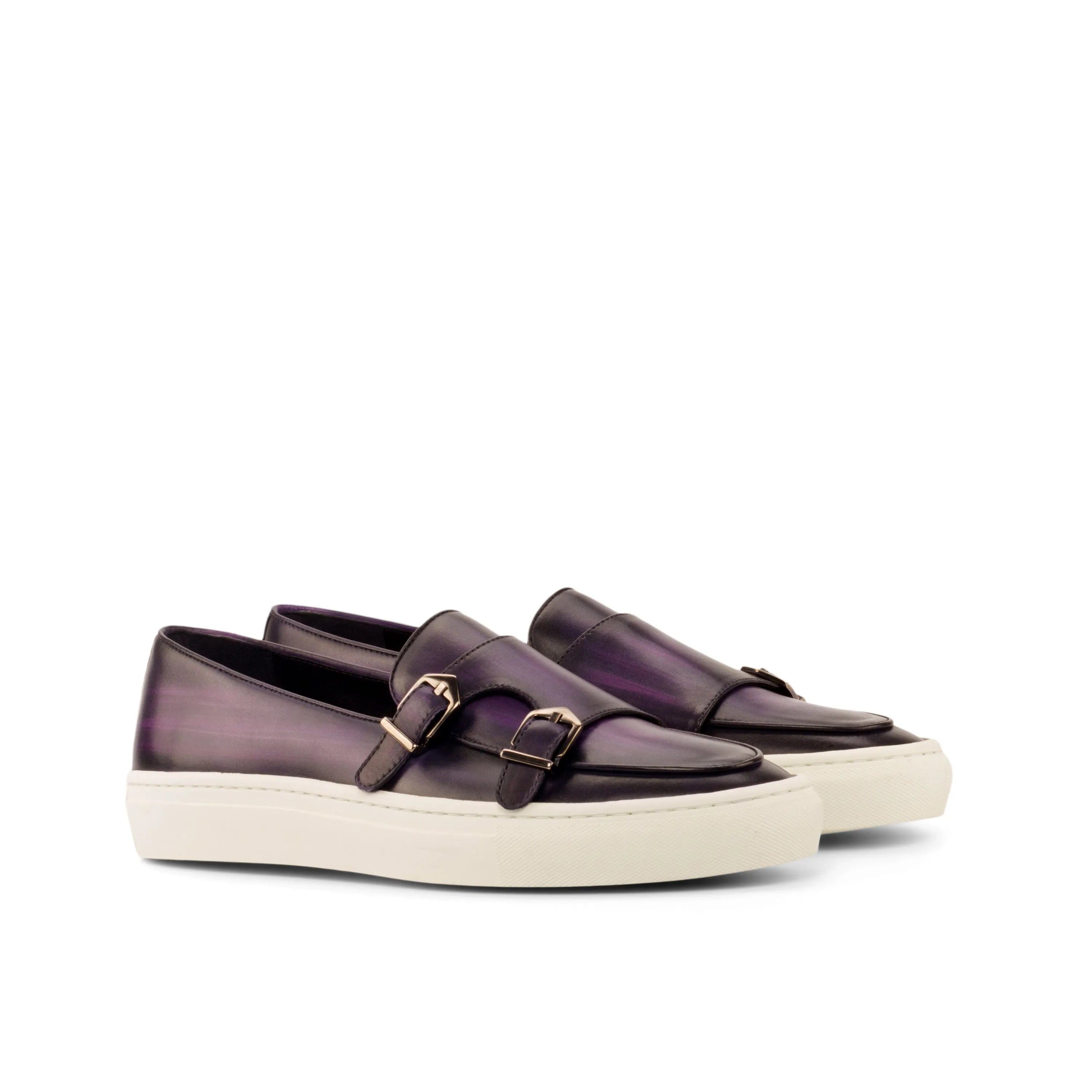 Jacy patina monk sneaker: purple leather double monk strap sneakers