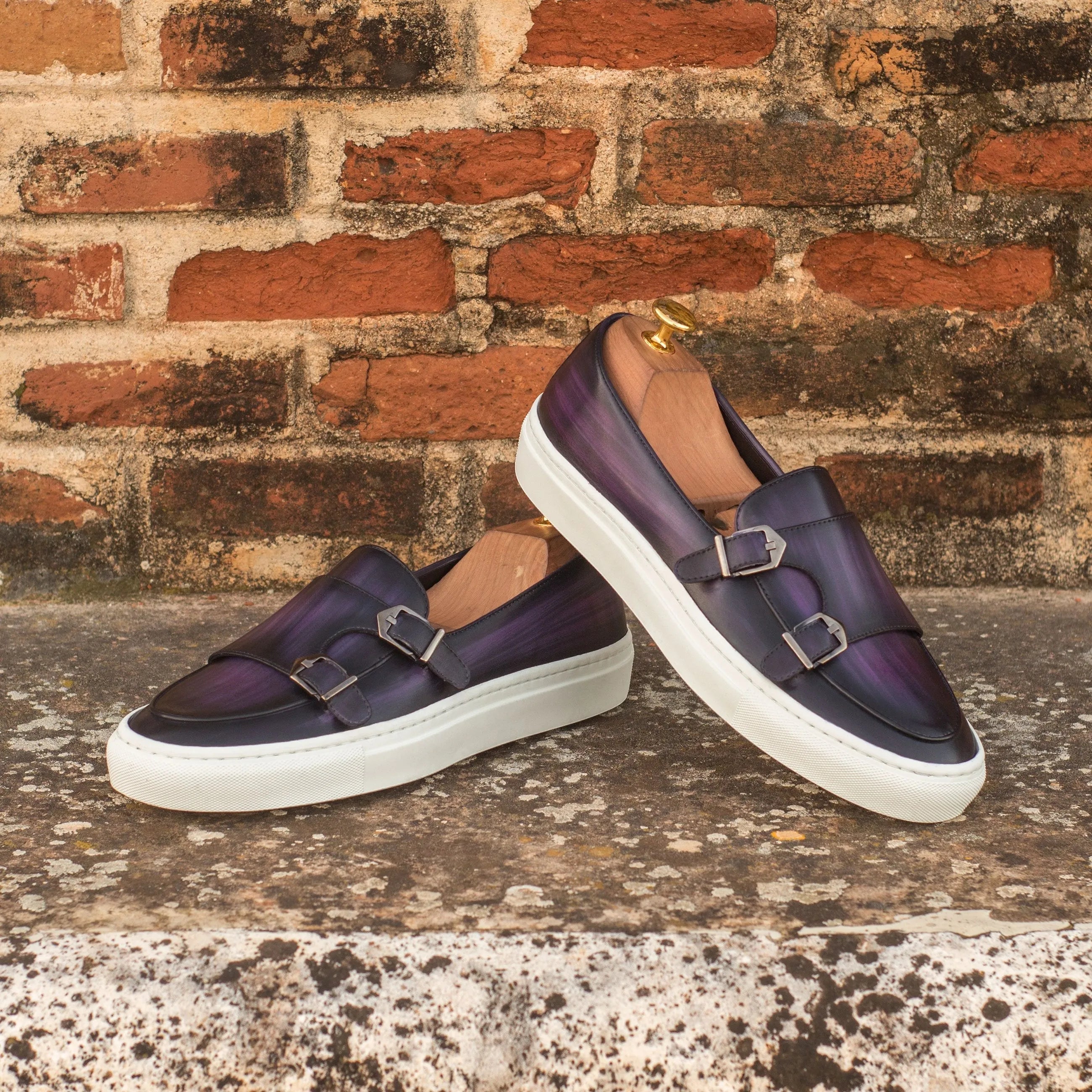 Jacy patina monk sneaker in purple leather with double monk straps