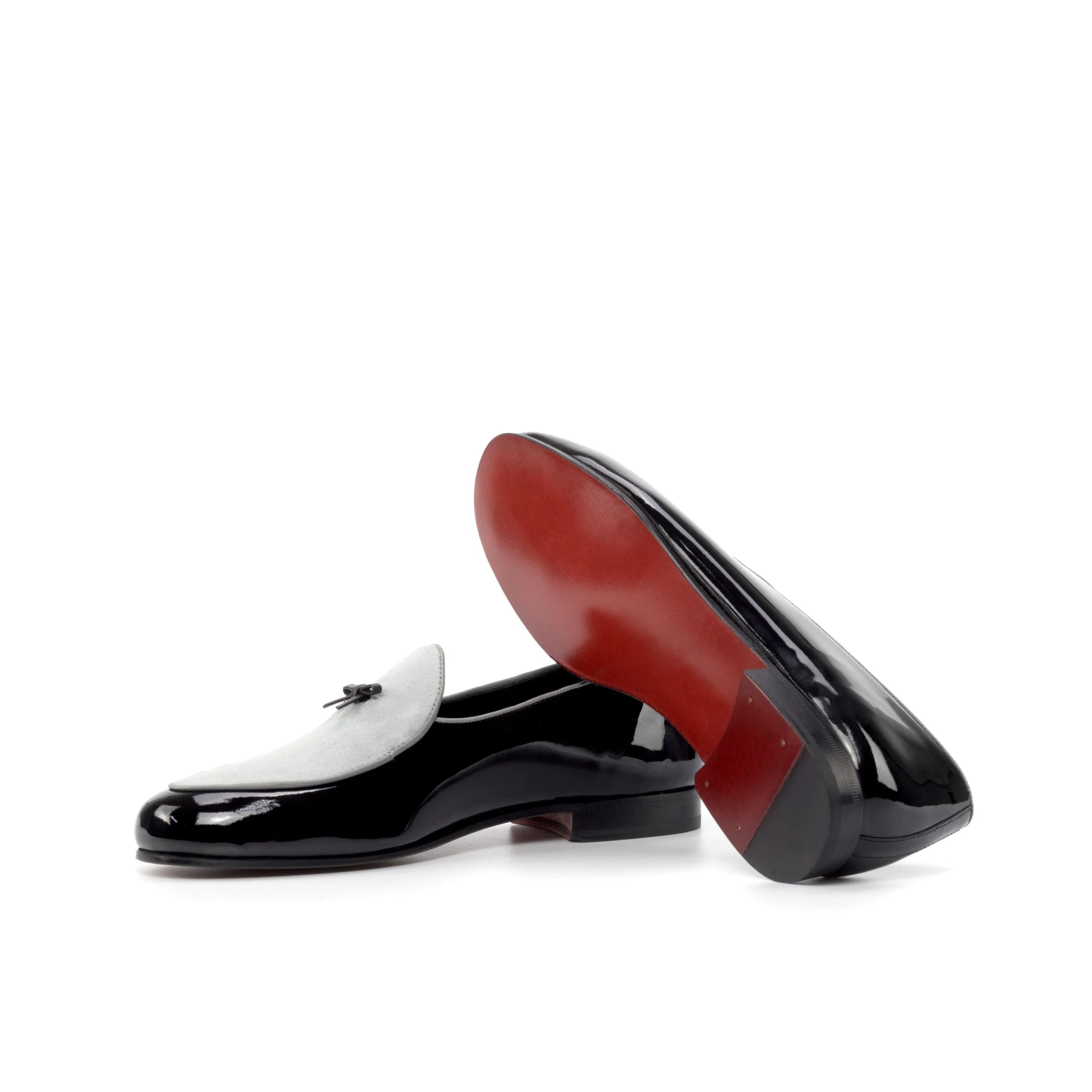 Jameson Belgian Slipper: black and white patent leather loafers with red soles