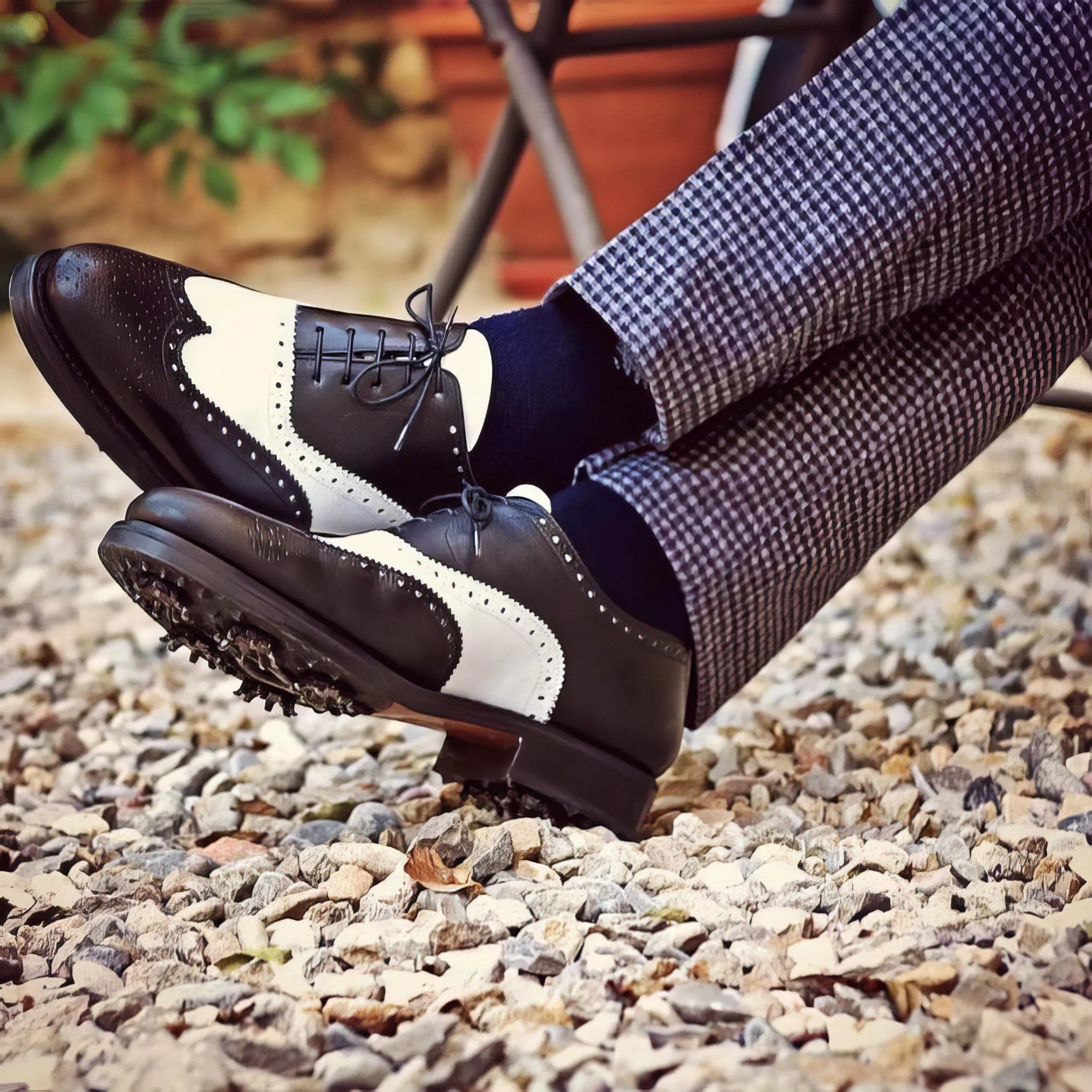 Jim Full Brogue two-tone saddle golf shoes in box calf
