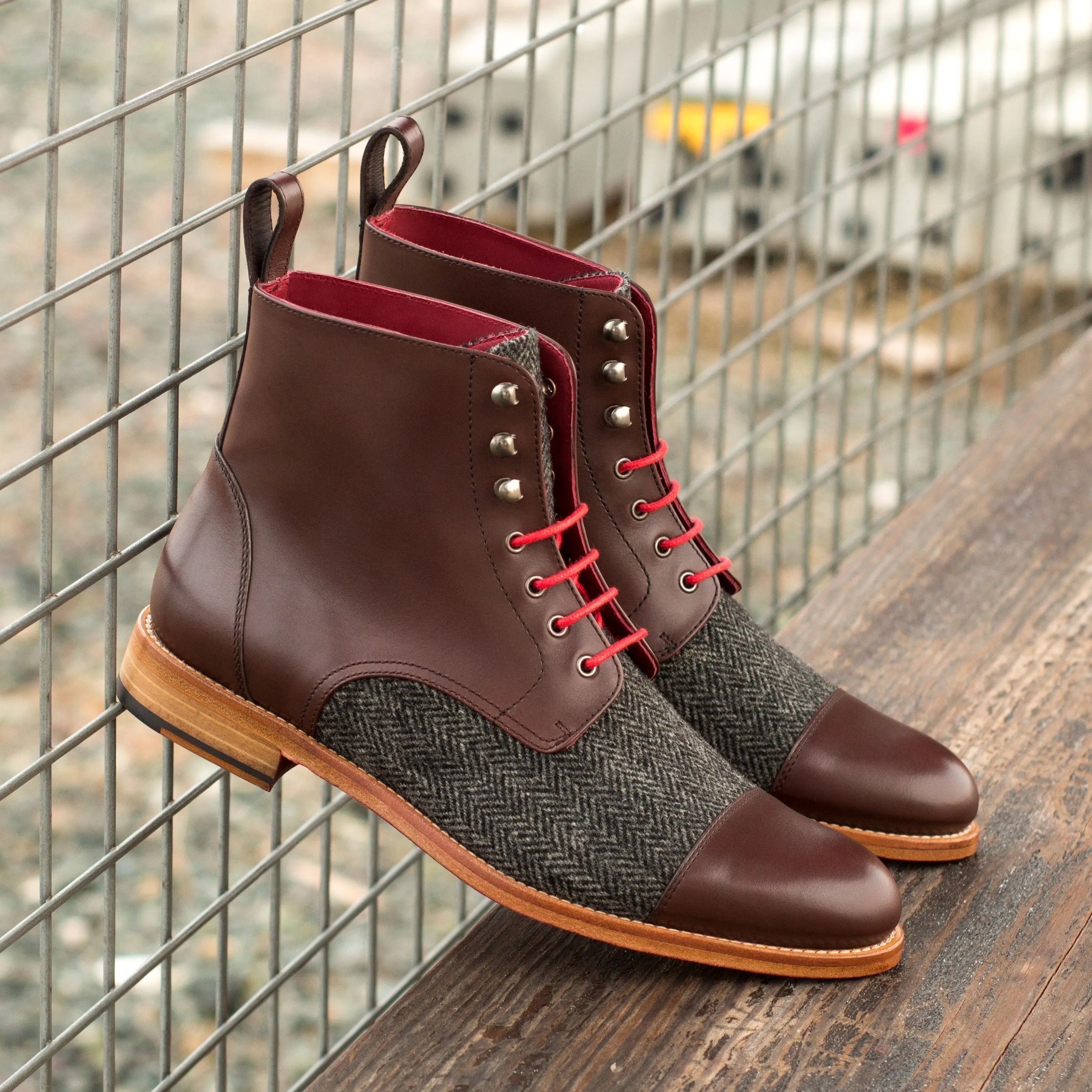 Jorge ladies captoe dark brown leather and tweed boots