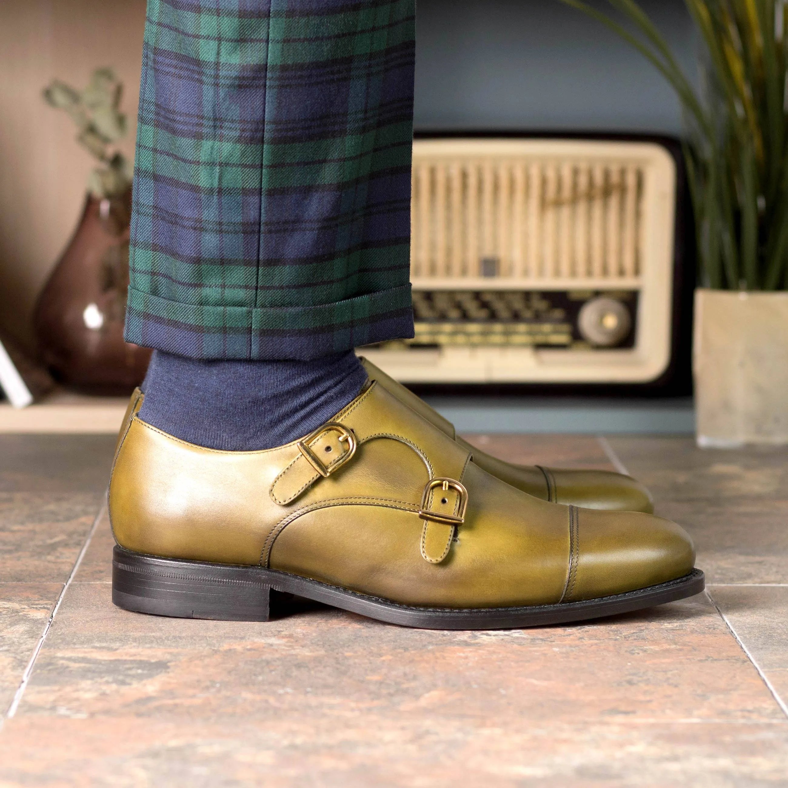 Olive green Jorgo double monk shoes, fast lane style back view