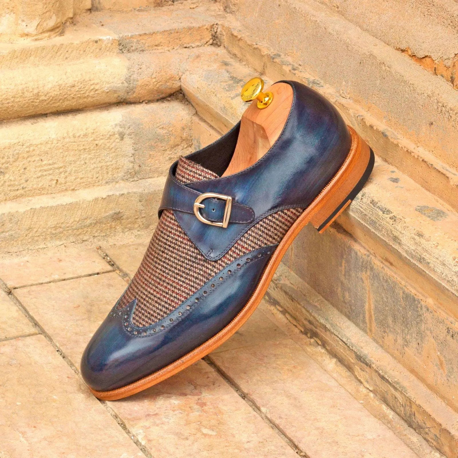 Blue leather and tweed JR Single Monk Patina Shoes II back view