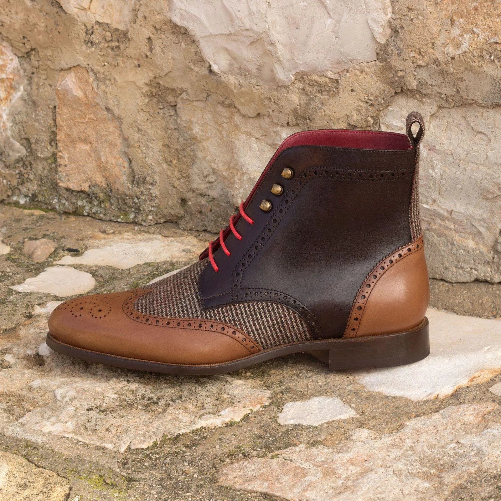 Juda military brogue boots in two-tone leather and tweed, brown painted calf