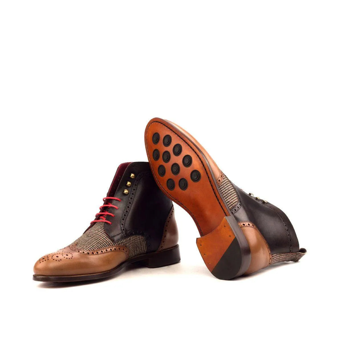 Juda military brogue boots in two-toned leather and tweed