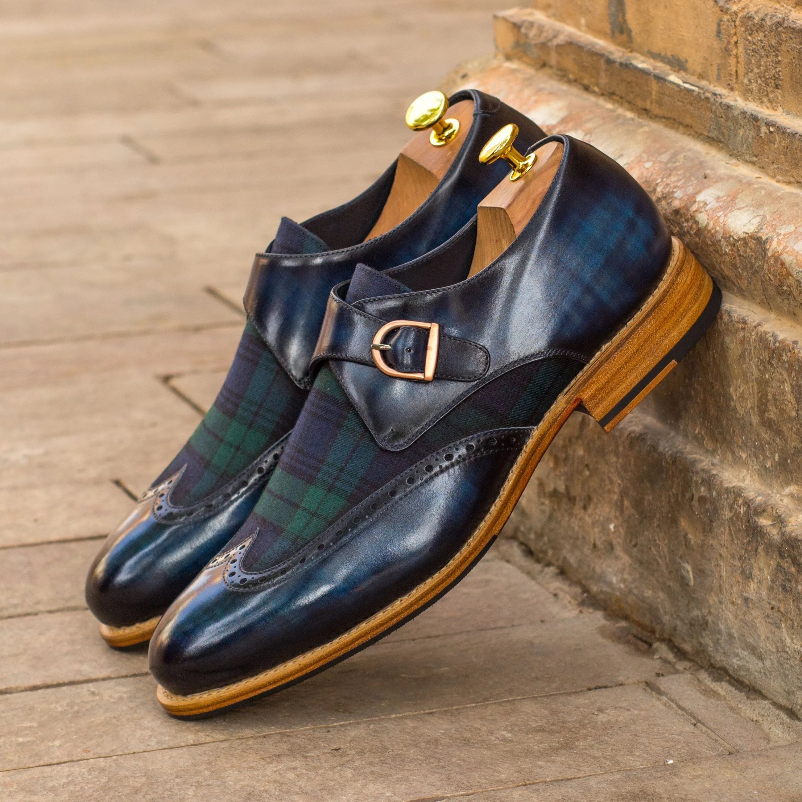 Khalil Patina Single Monk blue leather plaid monk strap shoes