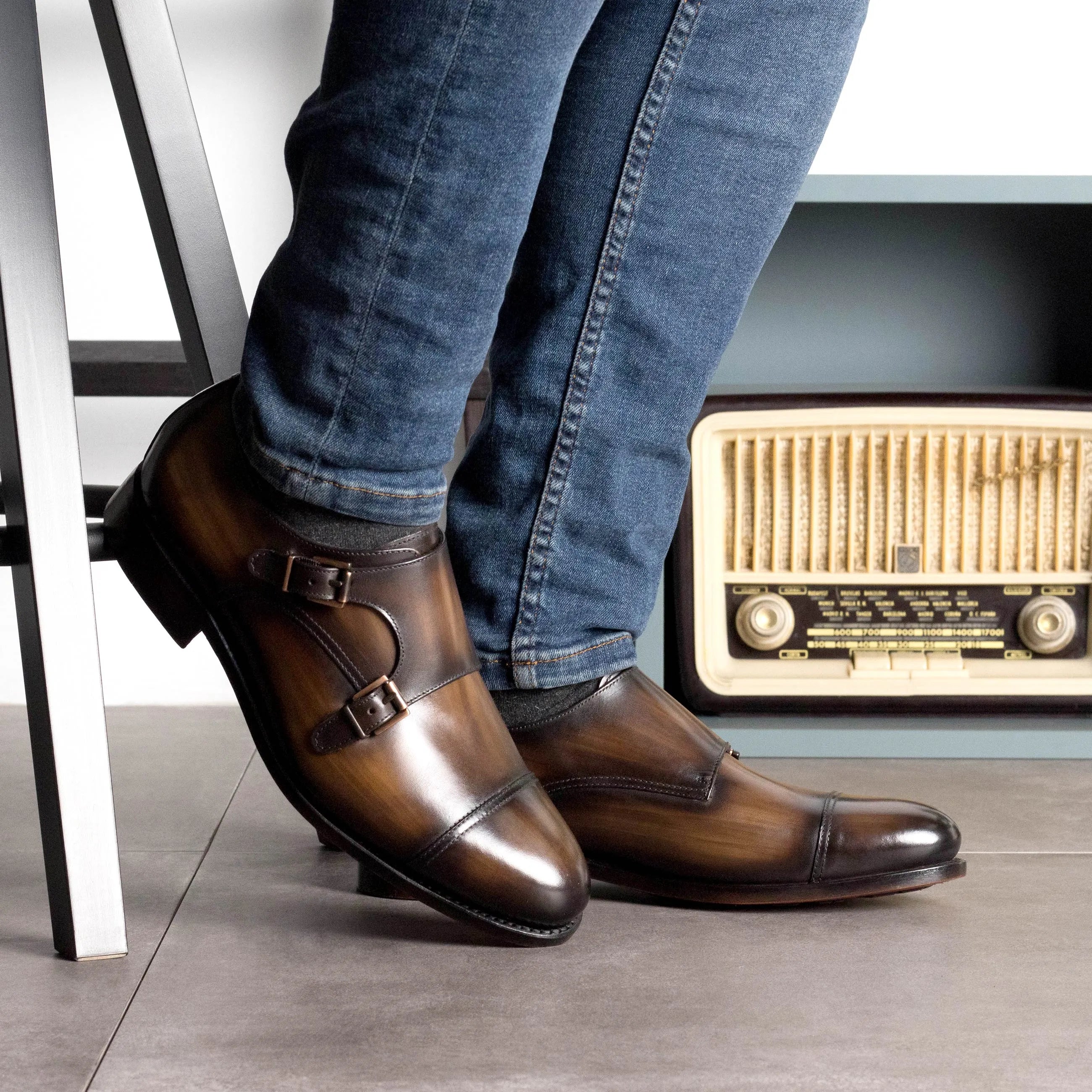 Kiyanoz Patina Double monk strap shoes in brown leather