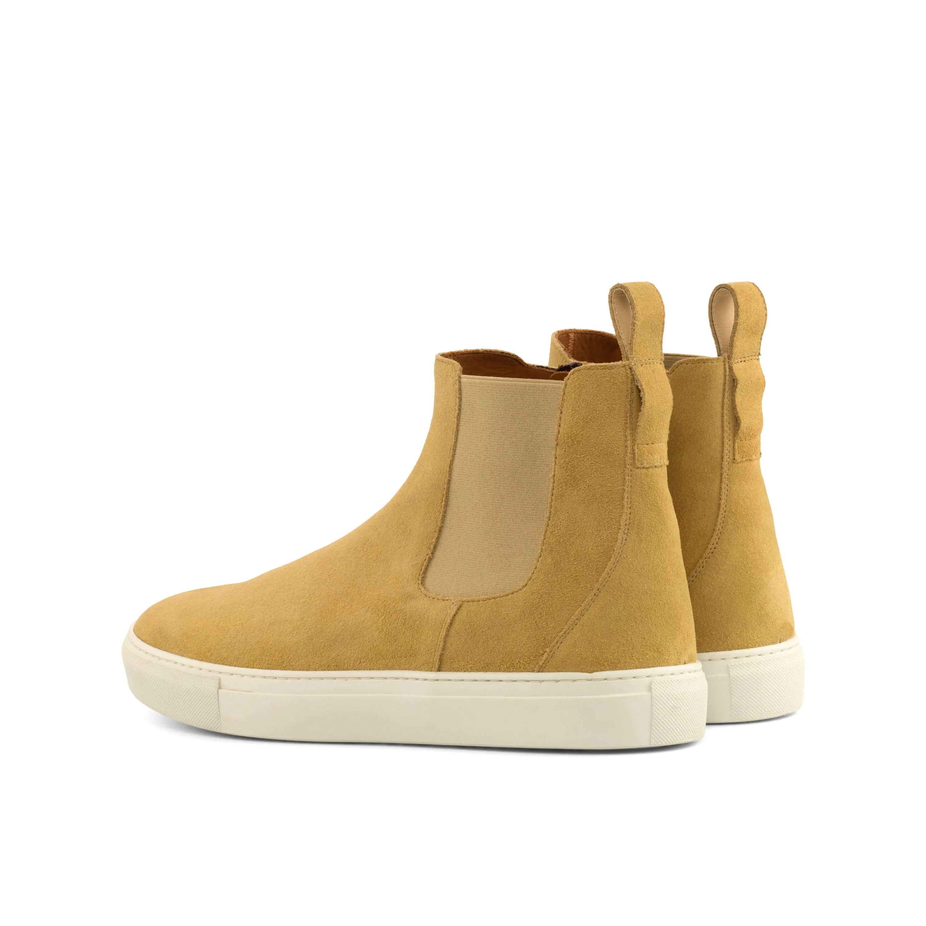 Tan KP43 Chelsea sneaker boots back view with white soles
