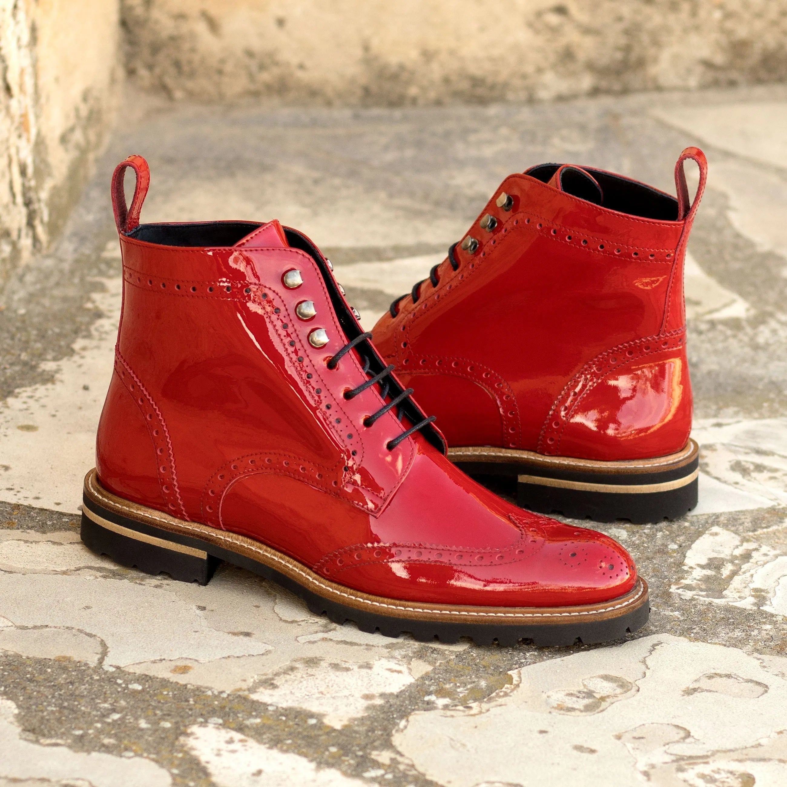 Lila unisex military brogue boots II shiny red leather pair