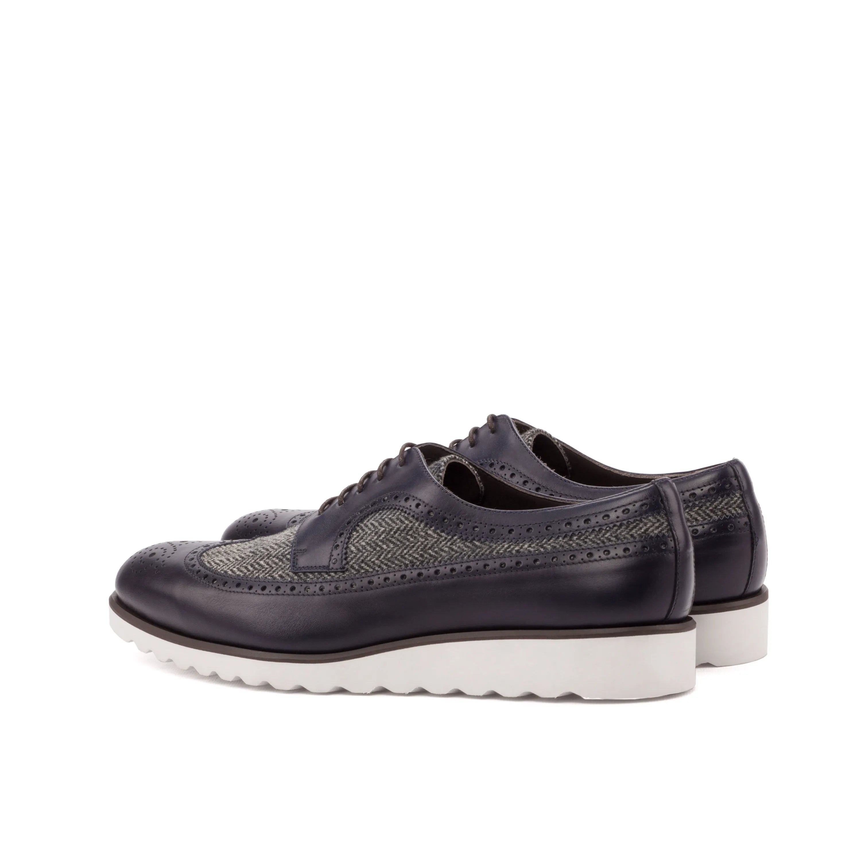 Livius longwing blucher with black leather and tweed wingtip shoes