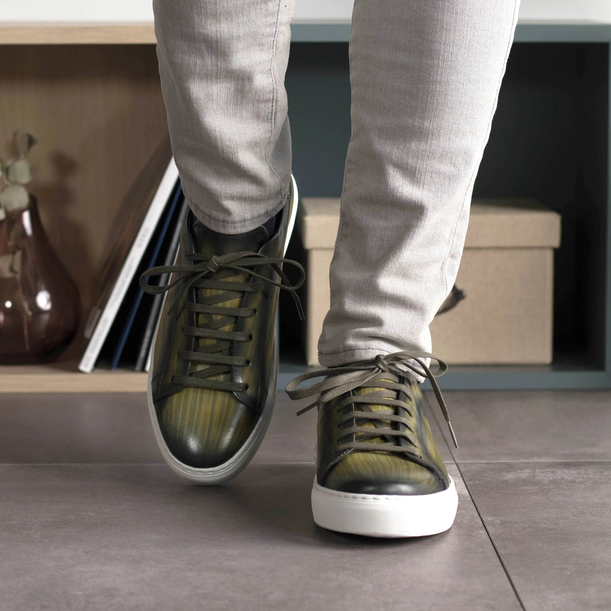 Olive green leather Lunar Trainer Patina cupsole trainer sneaker