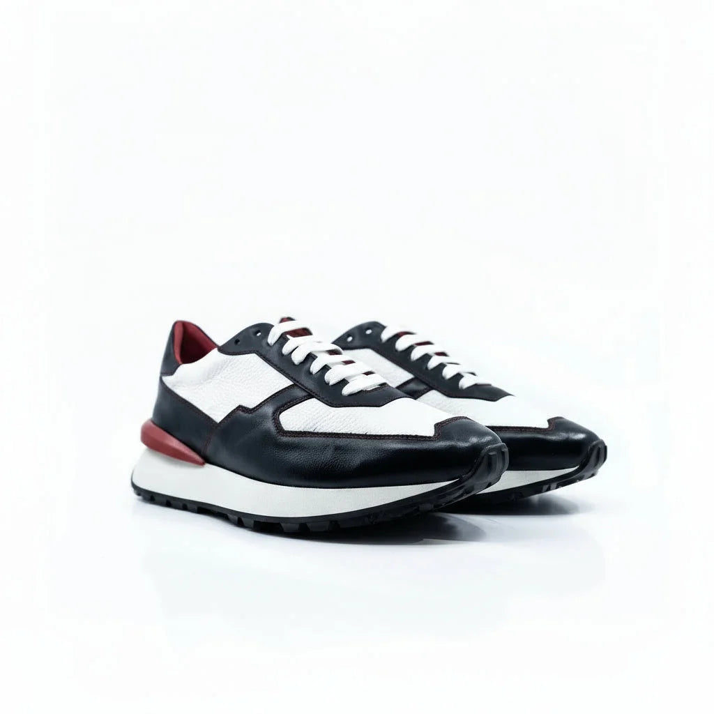 M10 Chunky Tempo Trainer Sneaker in black and white Italian leather with red accents