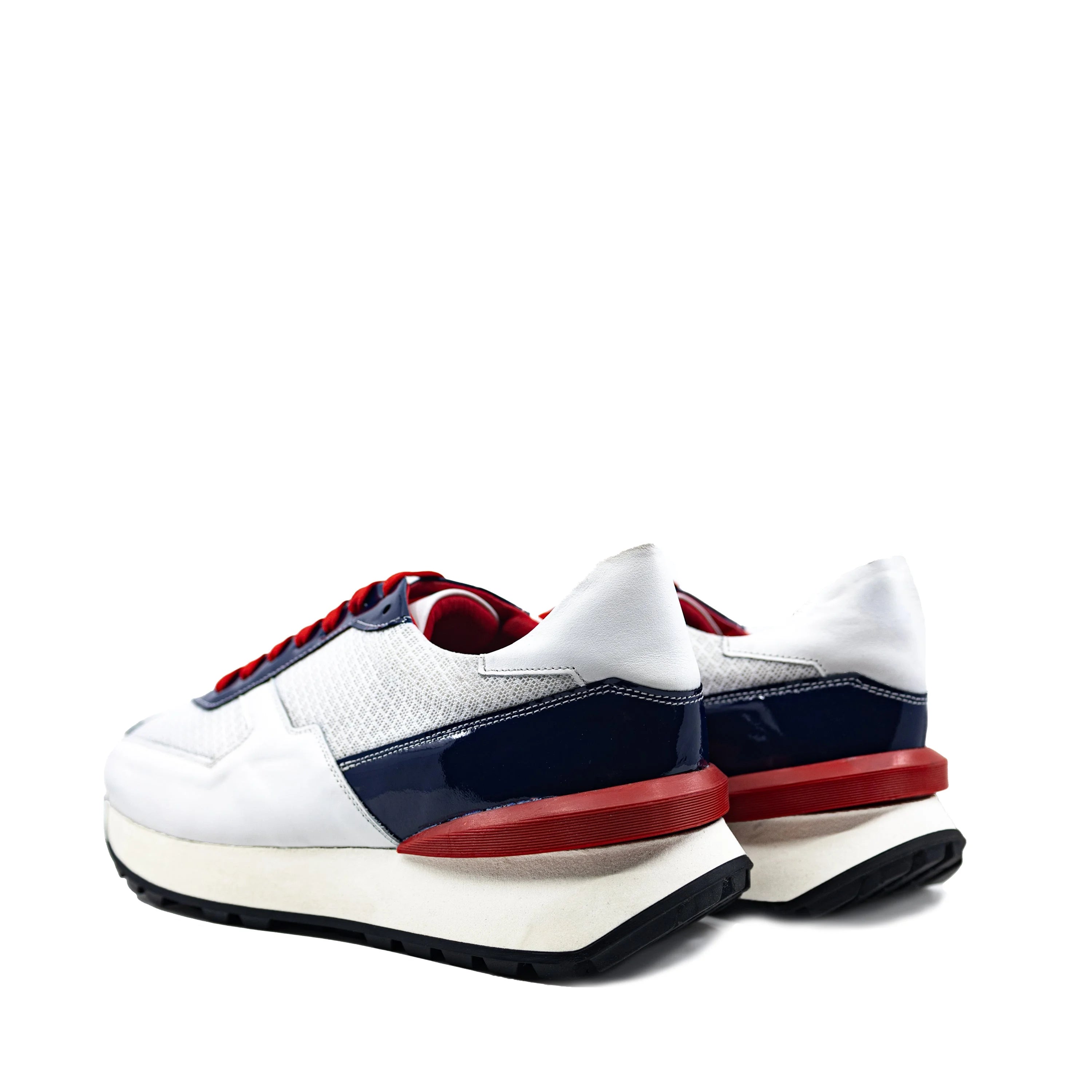 M9 Chunky Tempo Trainer Sneaker in white, navy with red accents, chunky style trainer