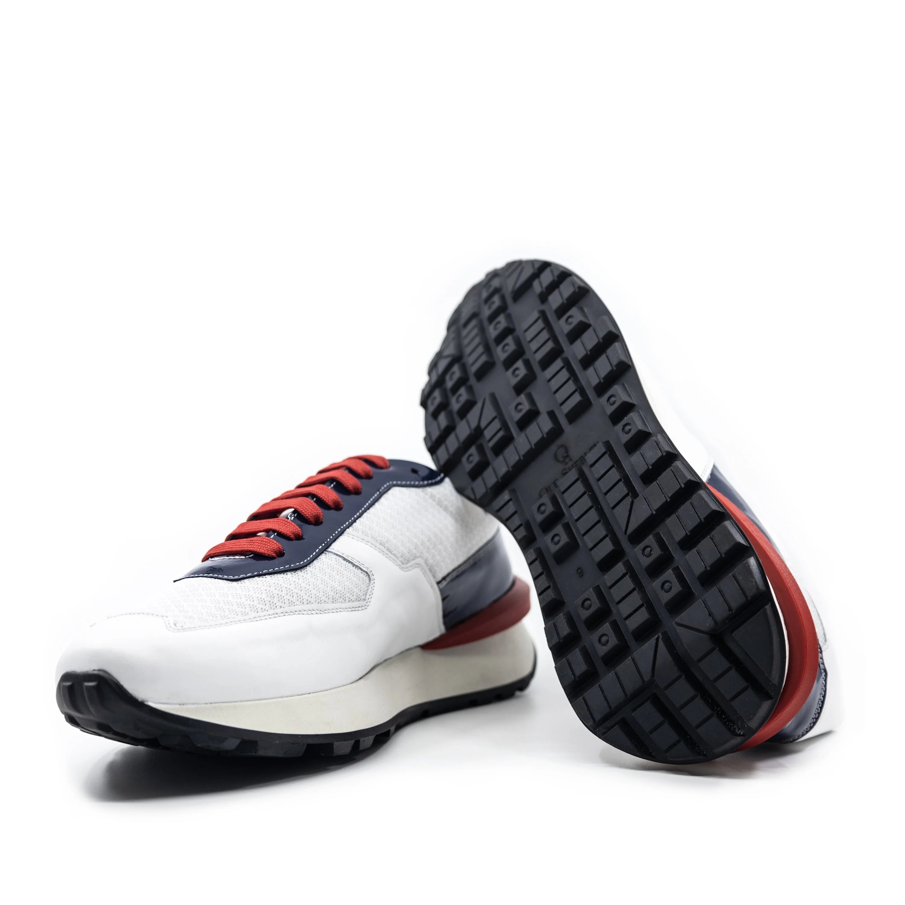 M9 Chunky Tempo Trainer Sneaker with white navy upper red laces cushioned soles