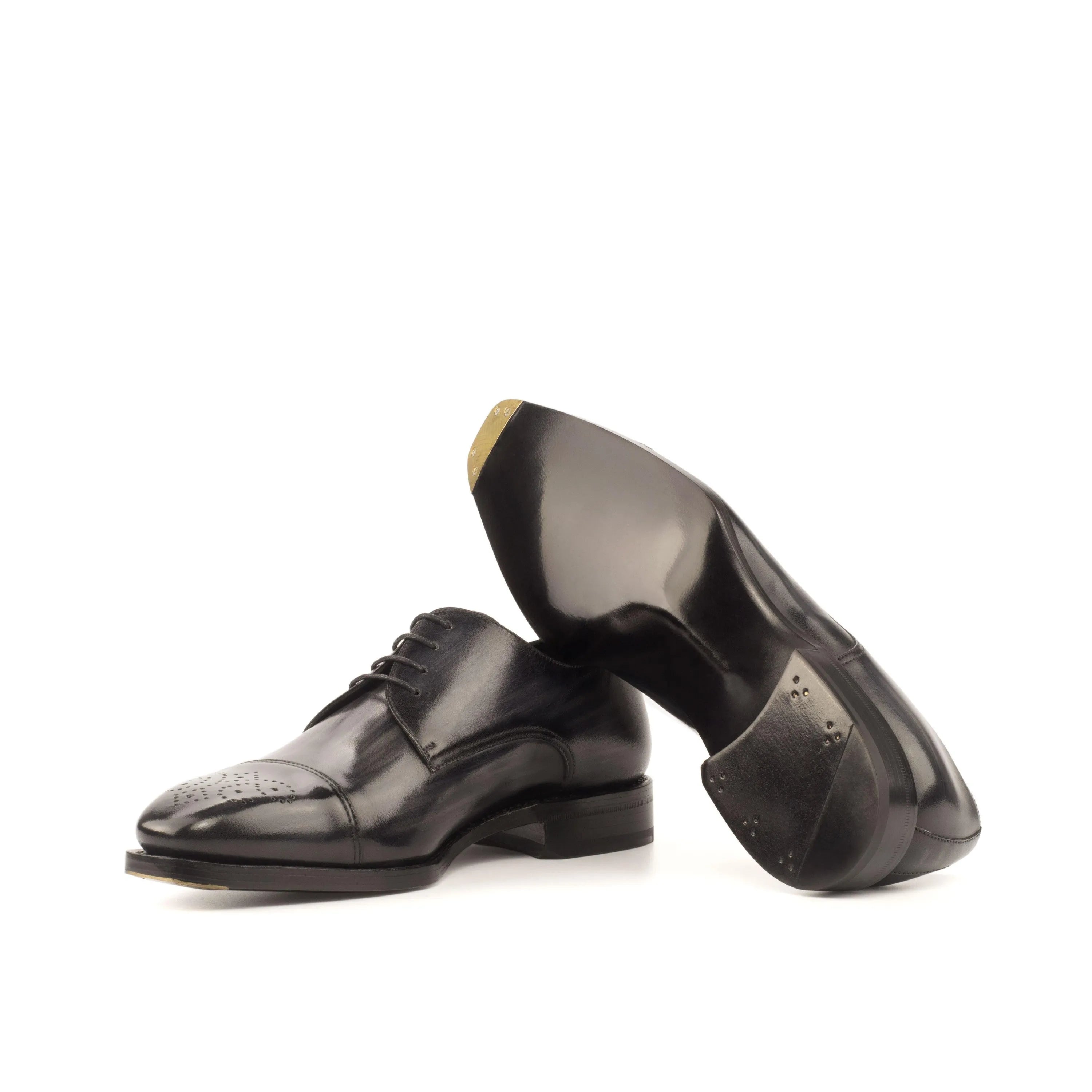 Shiny Marion Patina Derby split toe black leather dress shoes