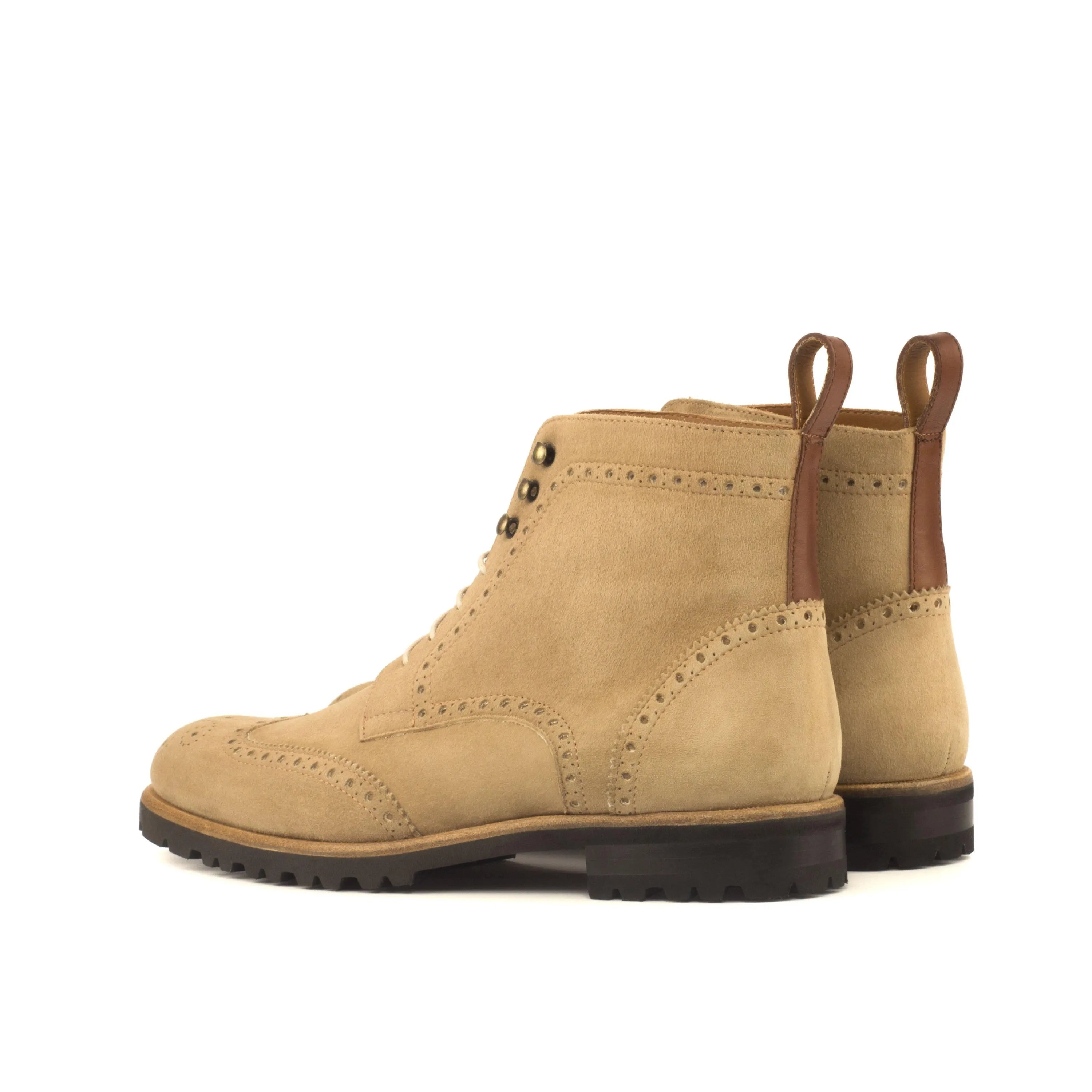Tan suede ladies military brogue boots Mayas II wingtip back view