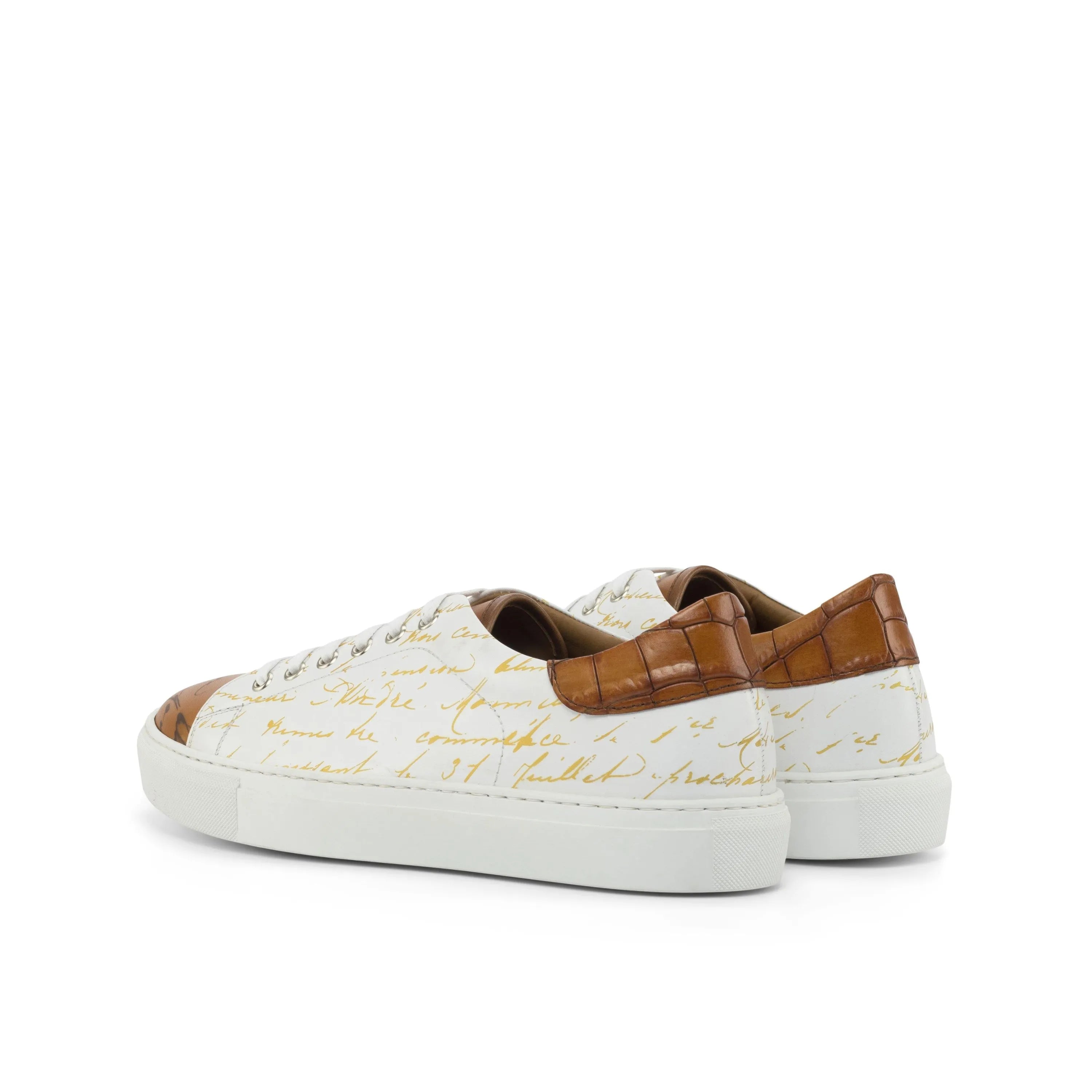 Messenger trainer sneaker with white design and brown crocodile accents