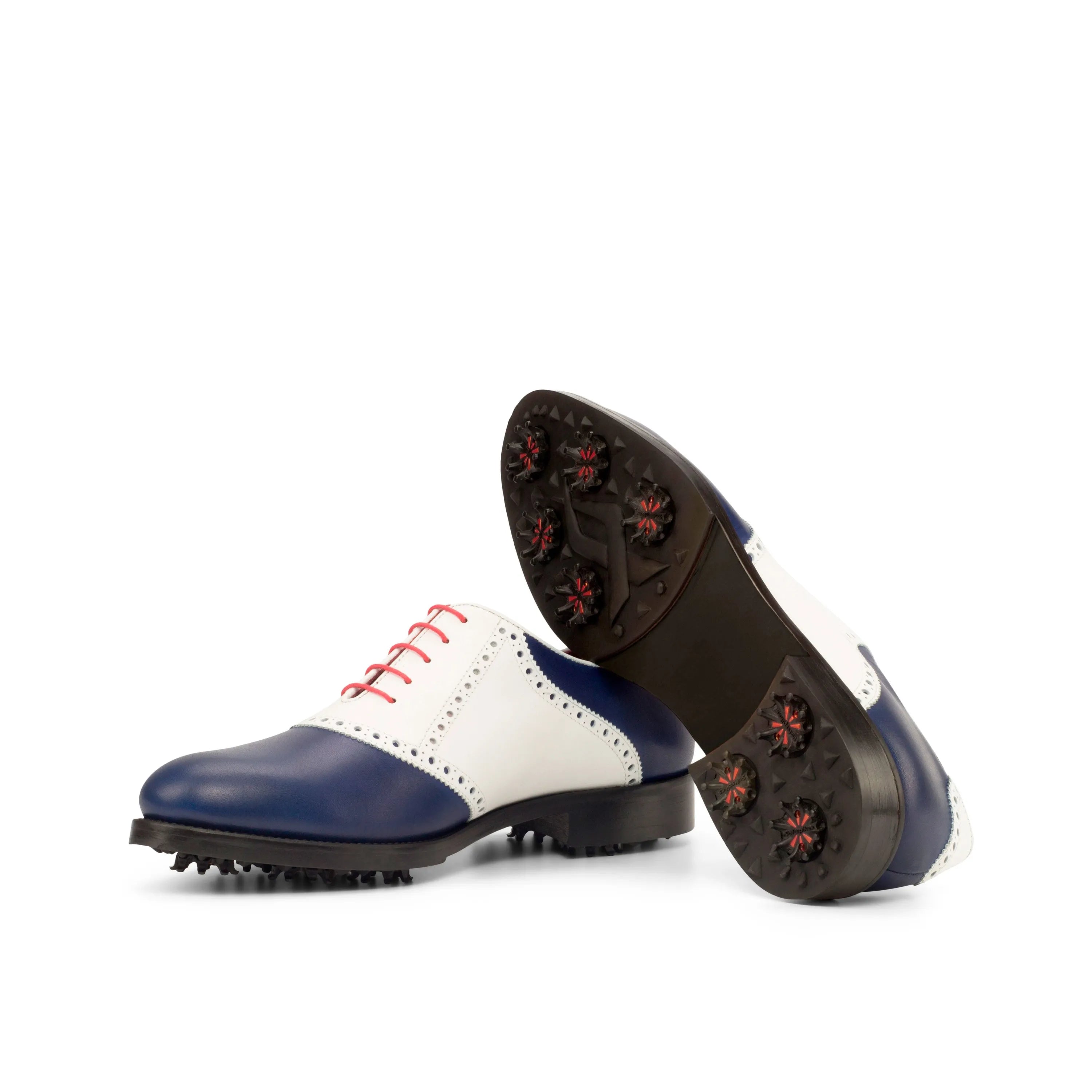 Murciano saddle golf shoes II: two-tone white box calf with red laces