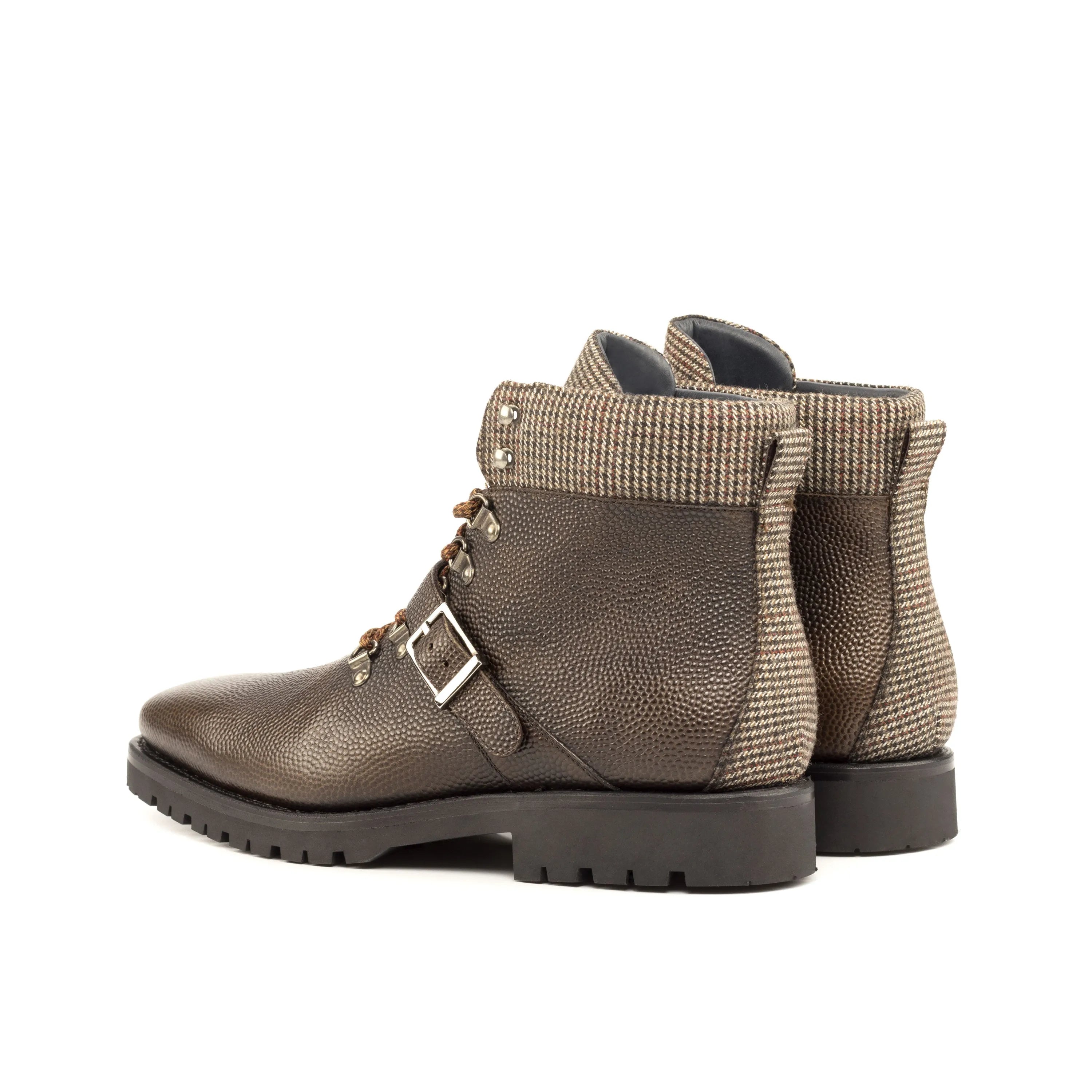 Nadain Hiking Boots II in brown leather and tweed with adjustable buckle