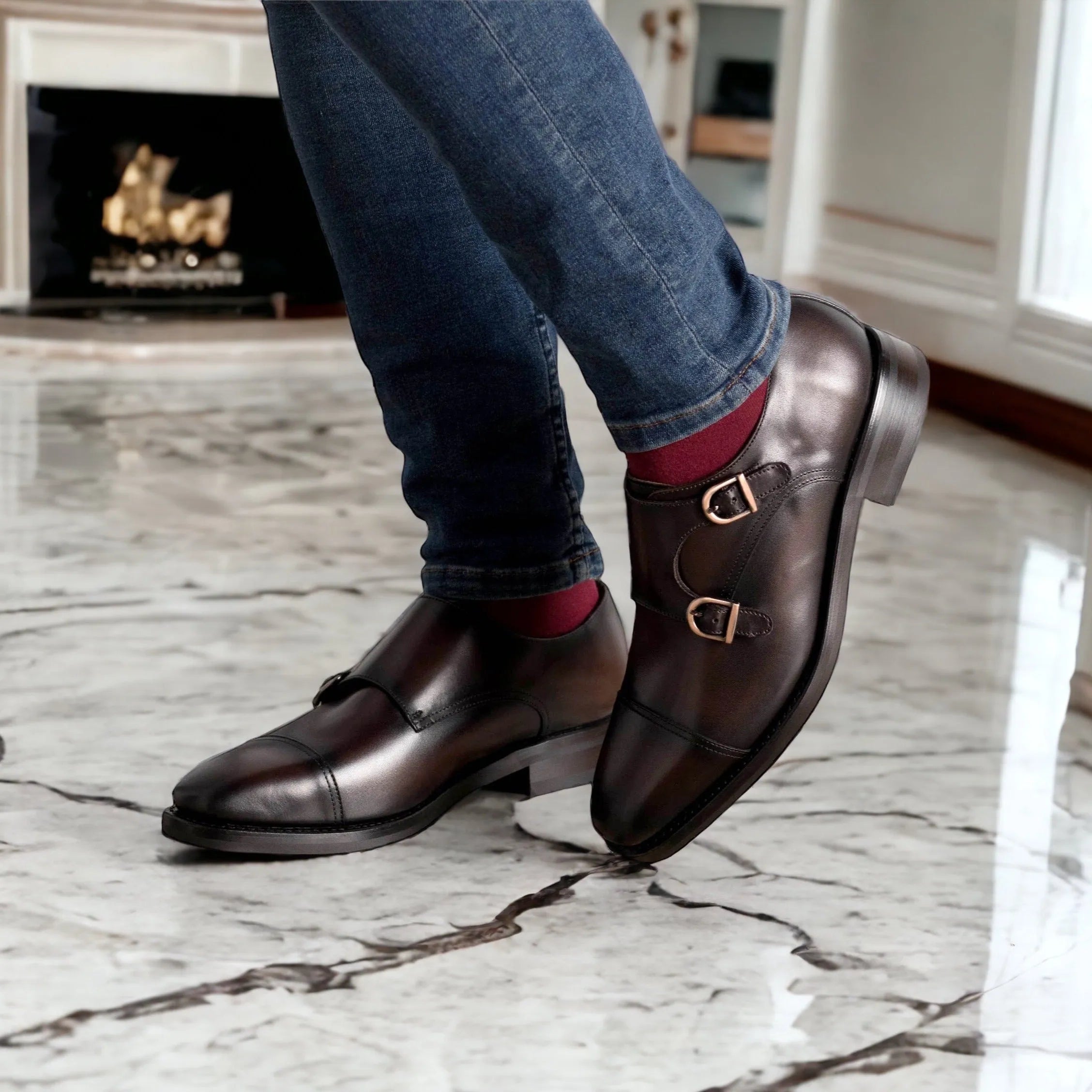 Nobleman double monk brown leather shoes, fast lane style