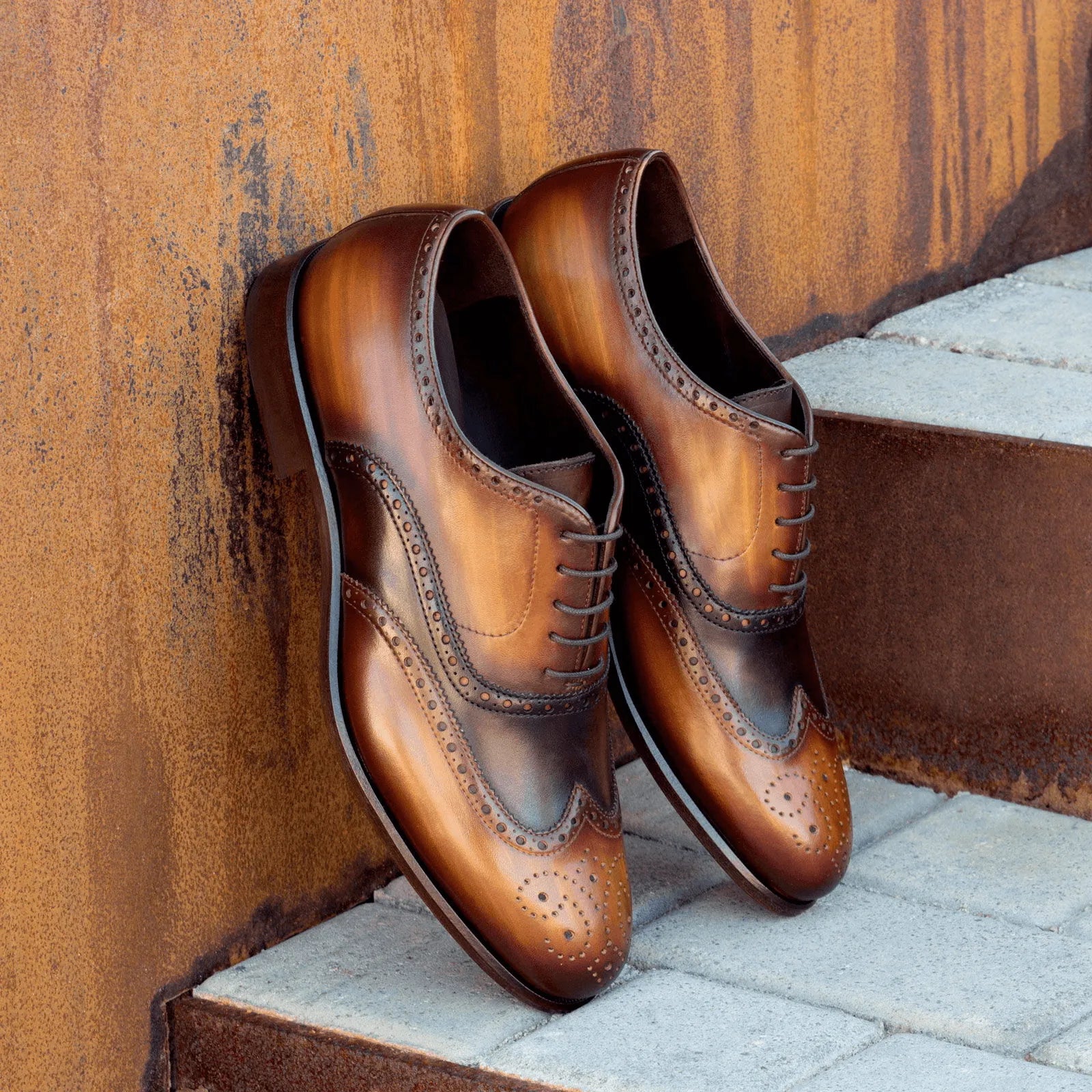 NY Full Brogue Patina brown leather wingtip brogue dress shoes