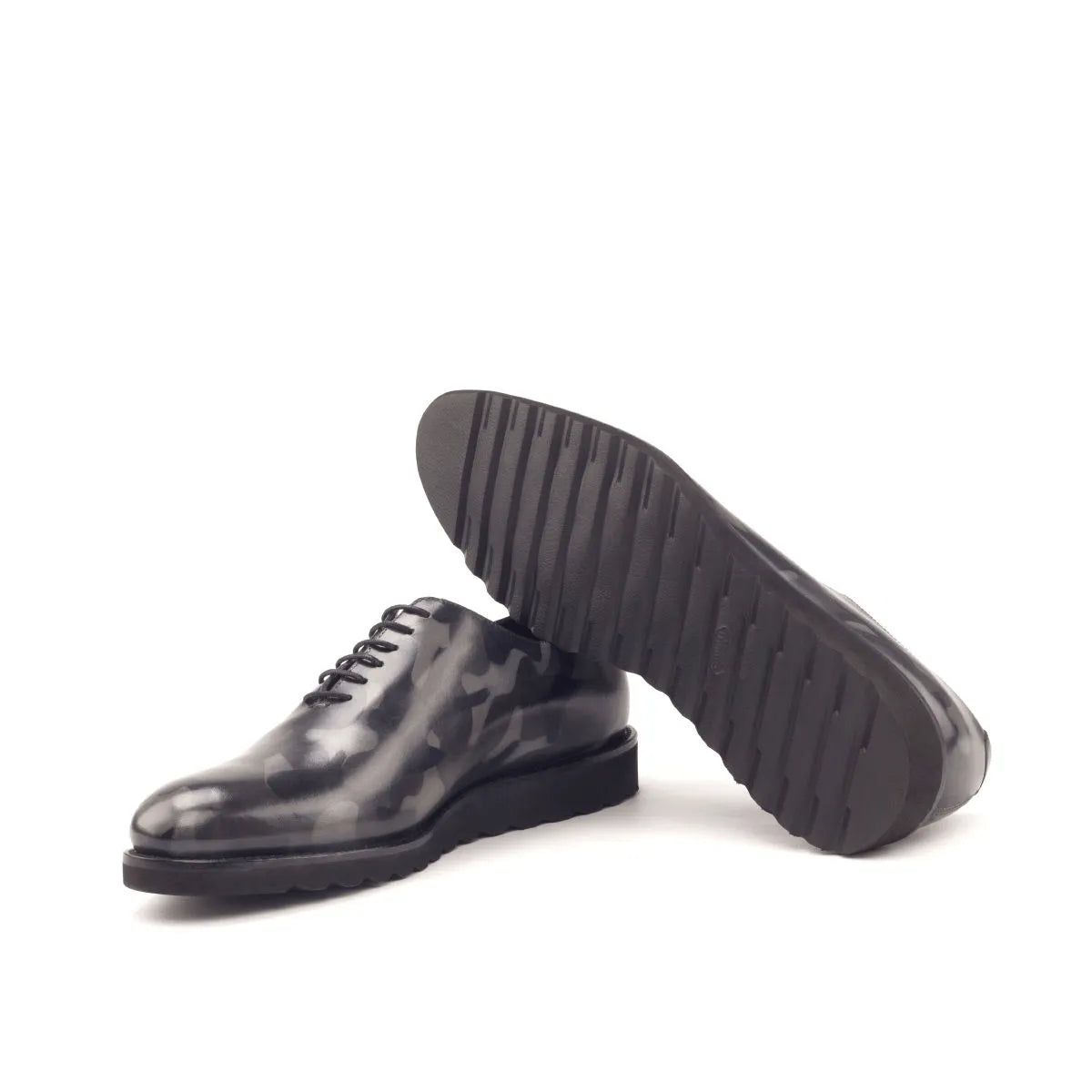 Gray Oobama whole cut patina shoes, back view of leather dress shoes