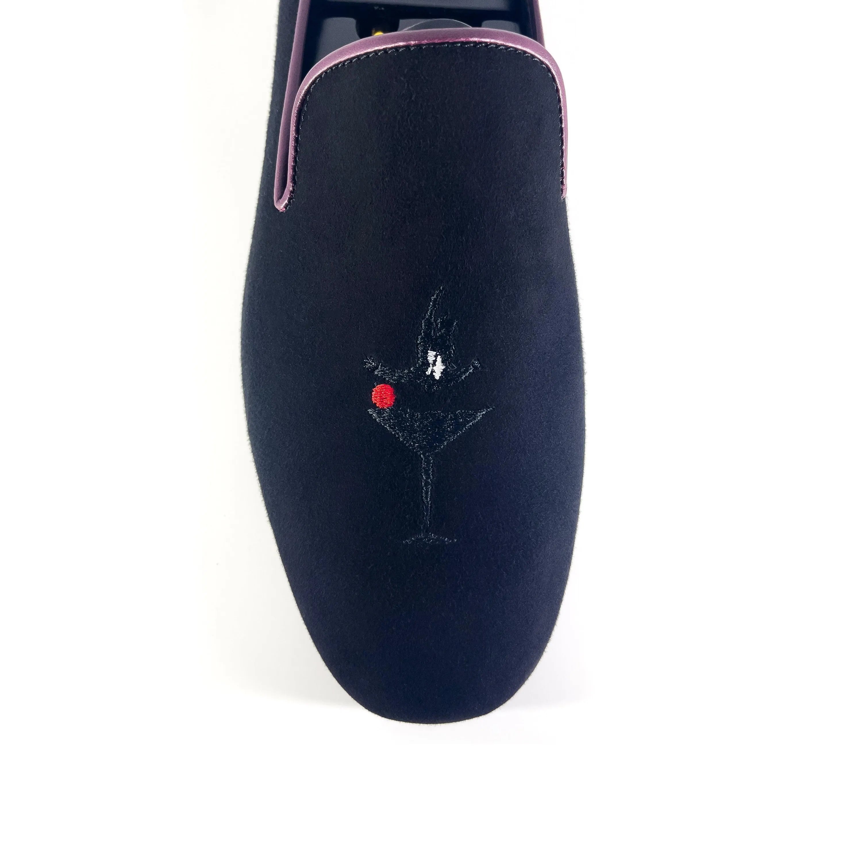 Pete wellington slipon black velvet slipper with cocktail embroidery