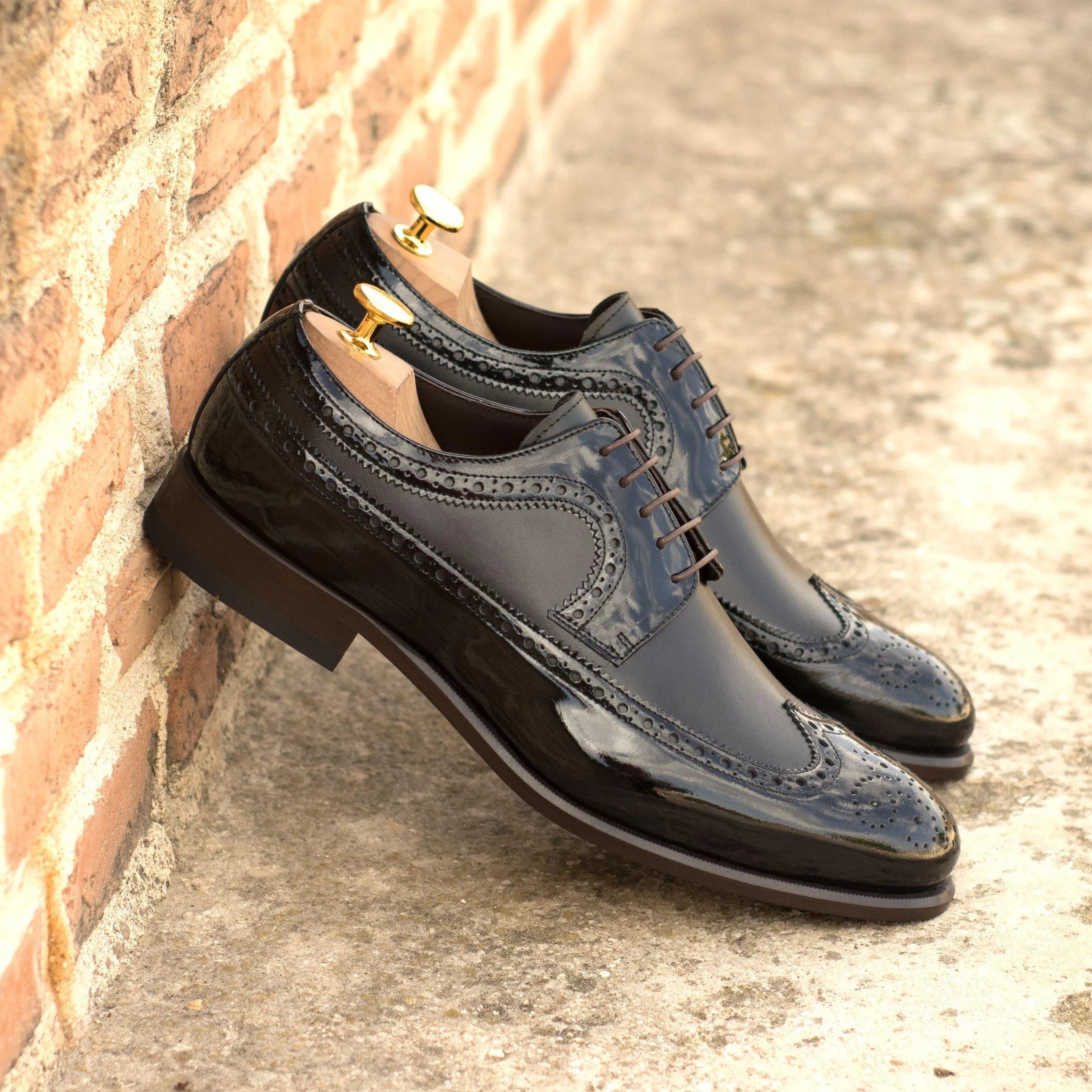 Pair of black patent leather Peter Longwing Blucher shoes
