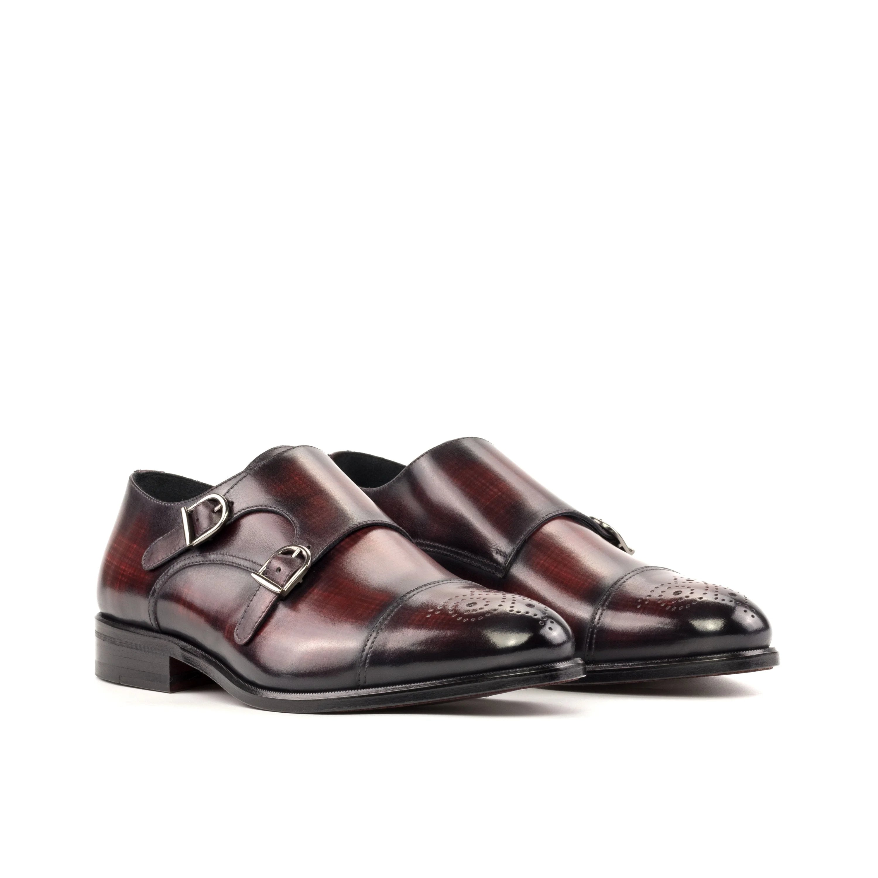 Pizaz Double Monk Patina burgundy leather monk shoes with gold accents