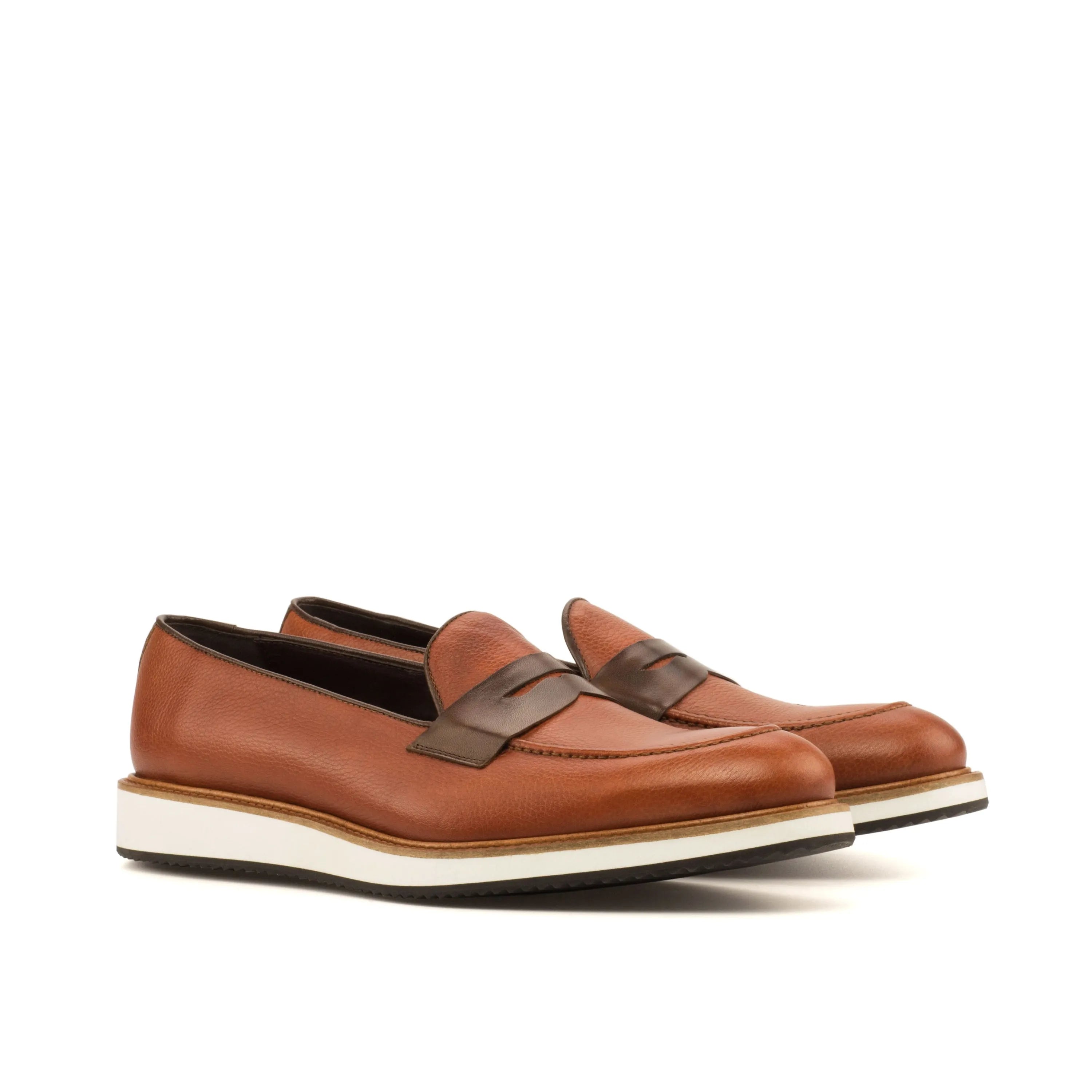 QE04 loafers: brown leather penny loafers, luxury bespoke shoes for men