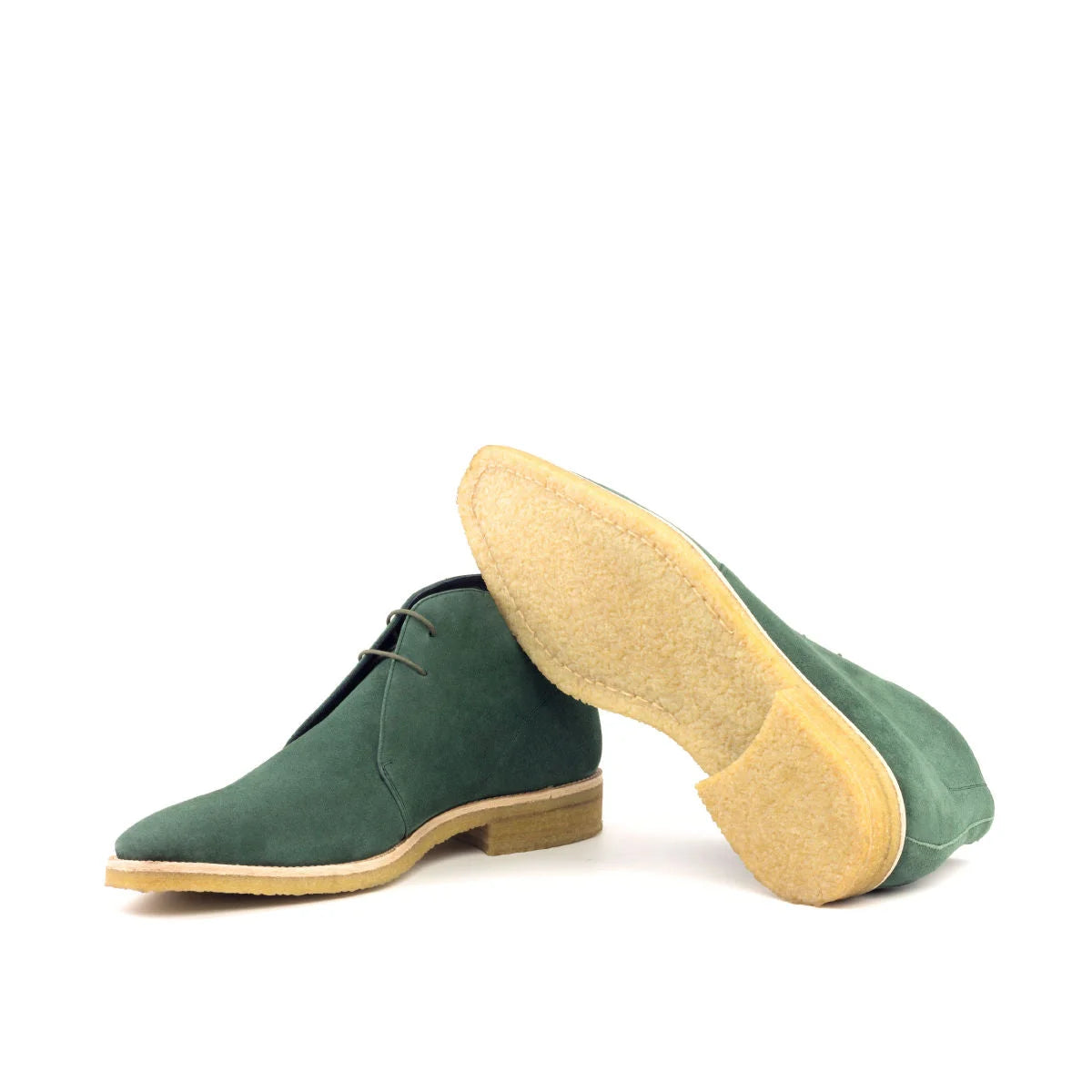 Rapa Chukka Boots II: green suede chukka boots with tan soles and laces