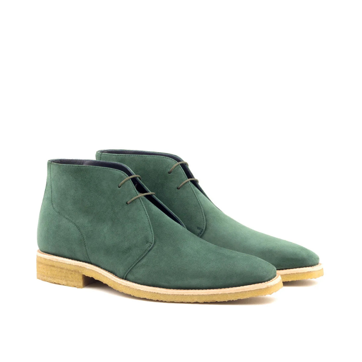 Rapa chukka boots in forest kid suede with wooden soles and unique height