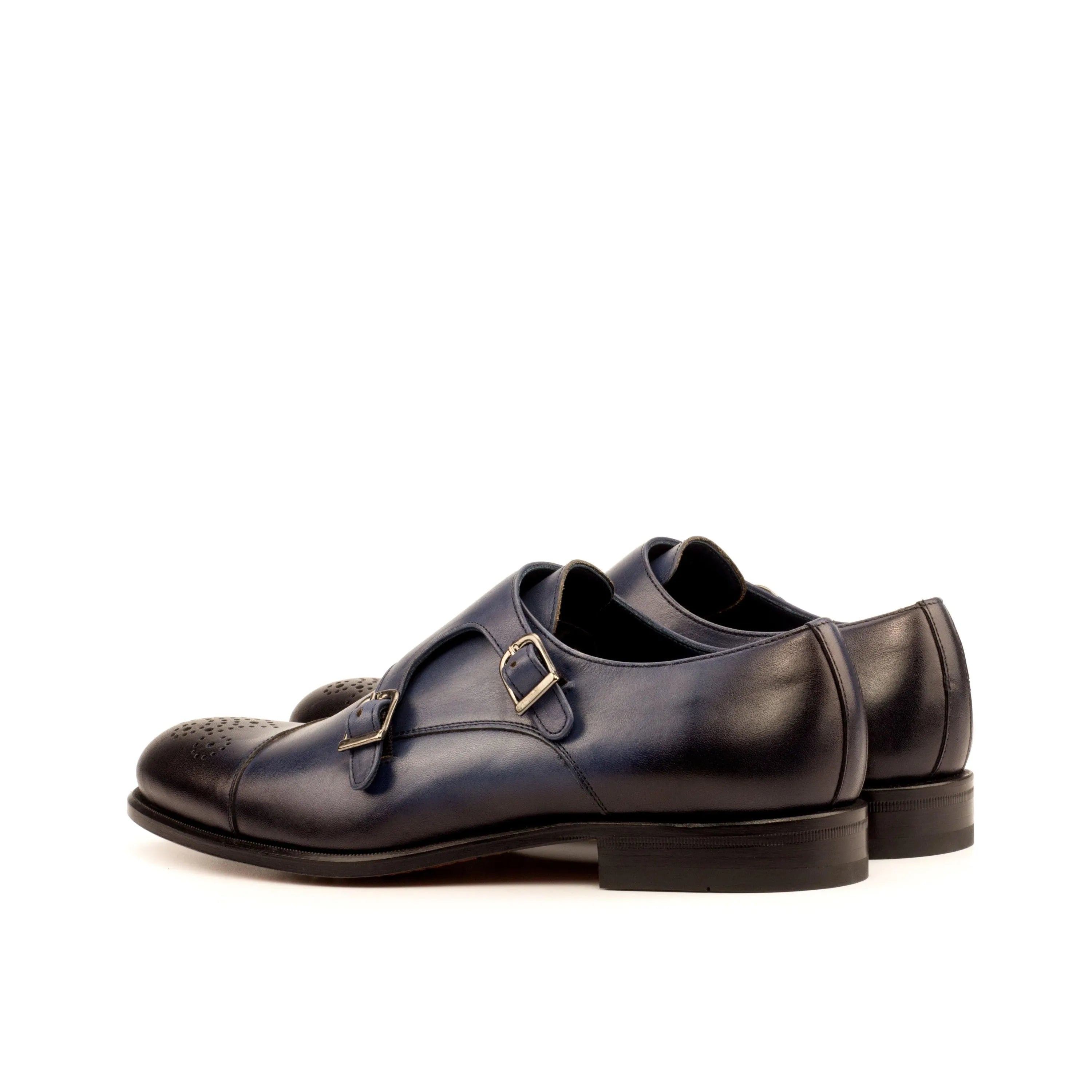 Rivo double monk shoes II: pair of blue leather rounded toe double monk shoes