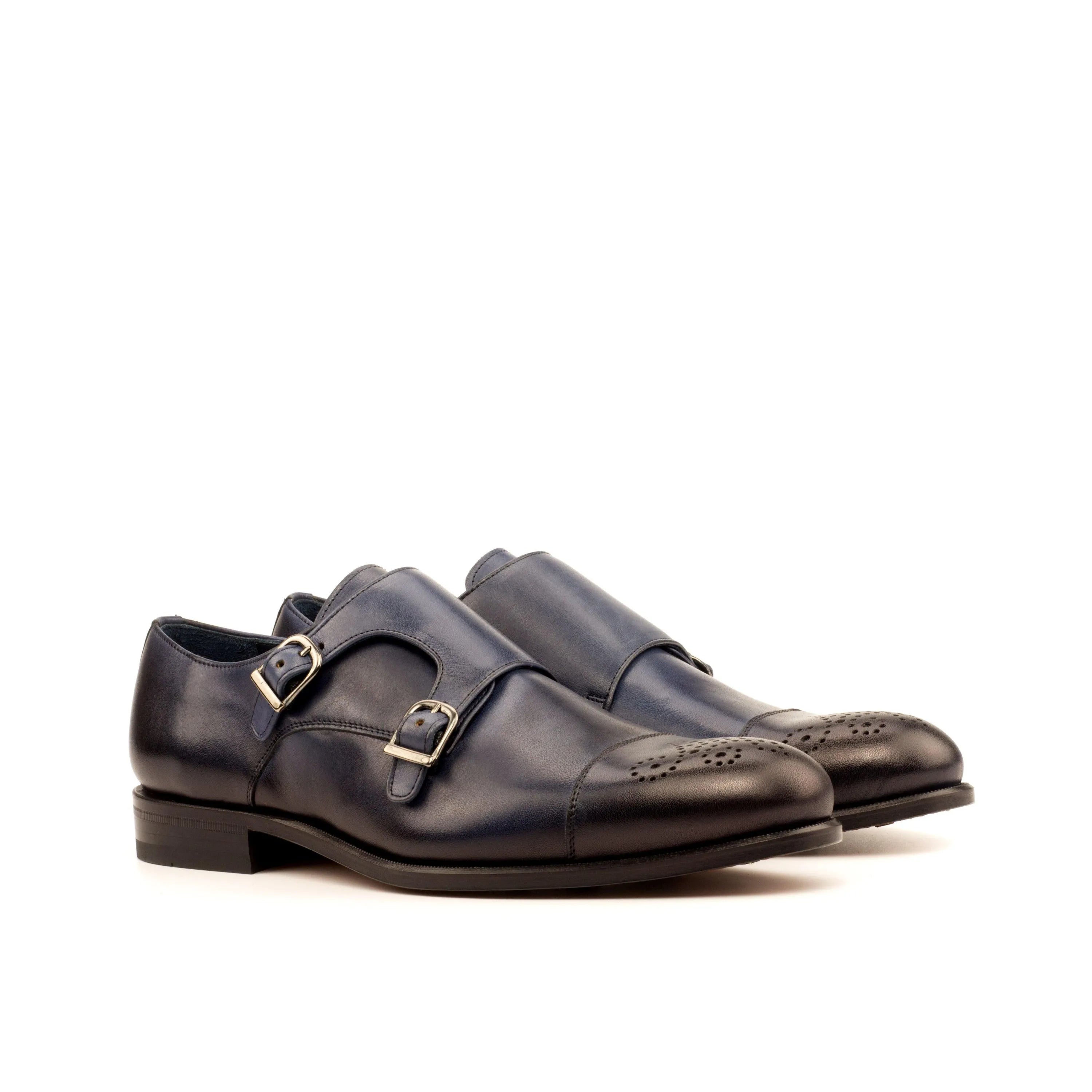 Rivo Double Monk Shoes II: pair of blue leather rounded toe double monk shoes