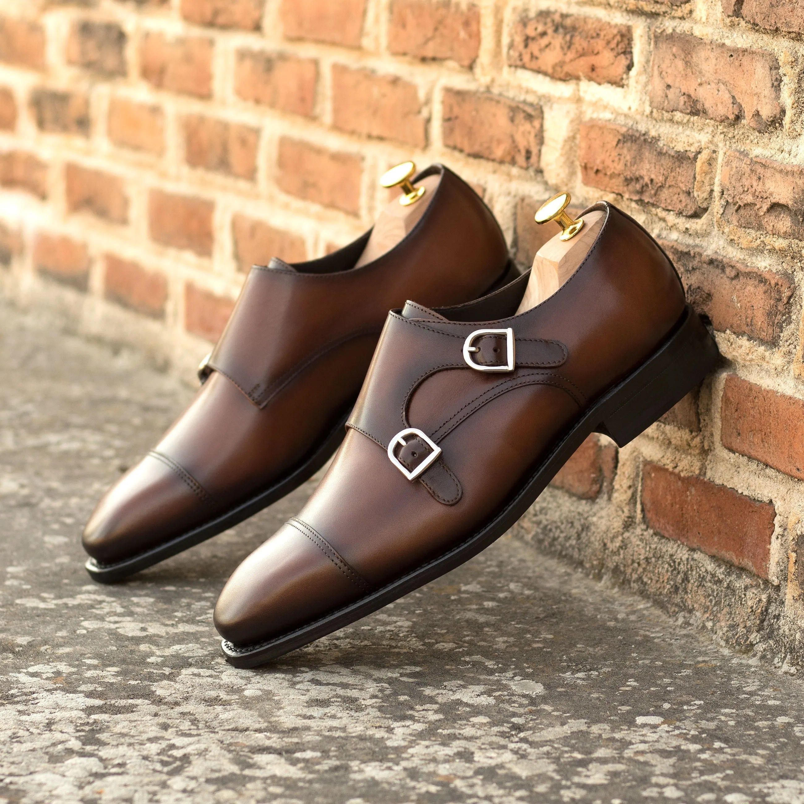Rosirto Double Monk brown leather double monk strap shoes