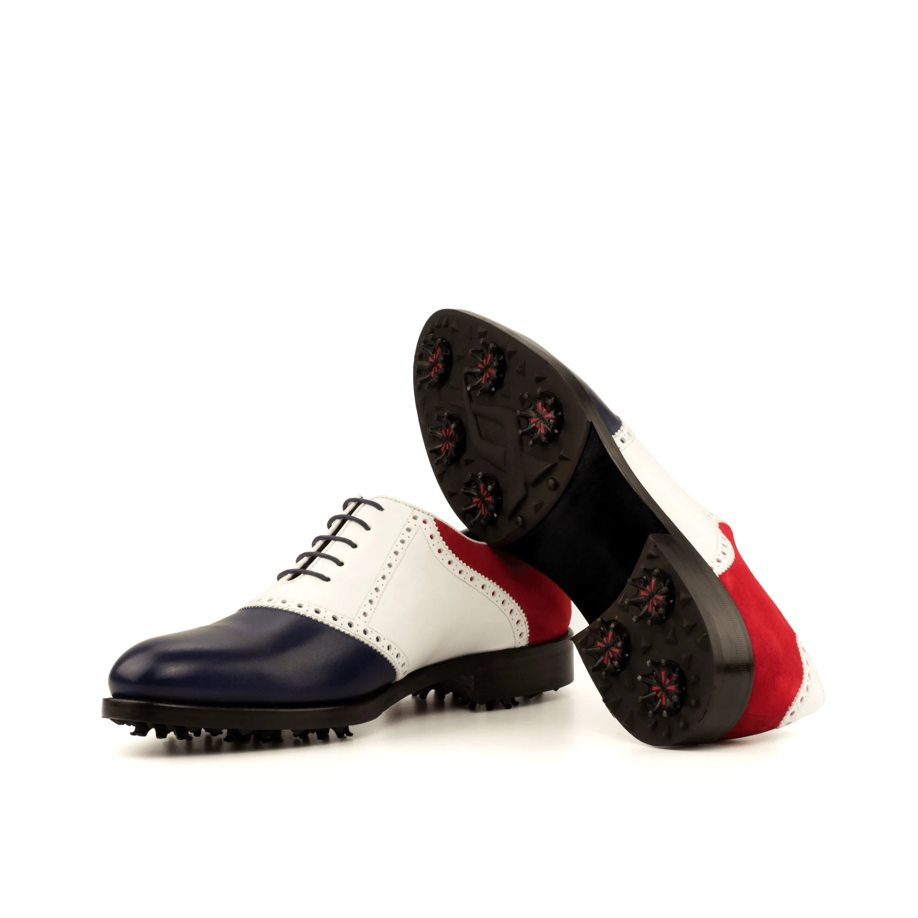 Rotimi saddle golf shoes II: tricolored with spikes and rounded toe