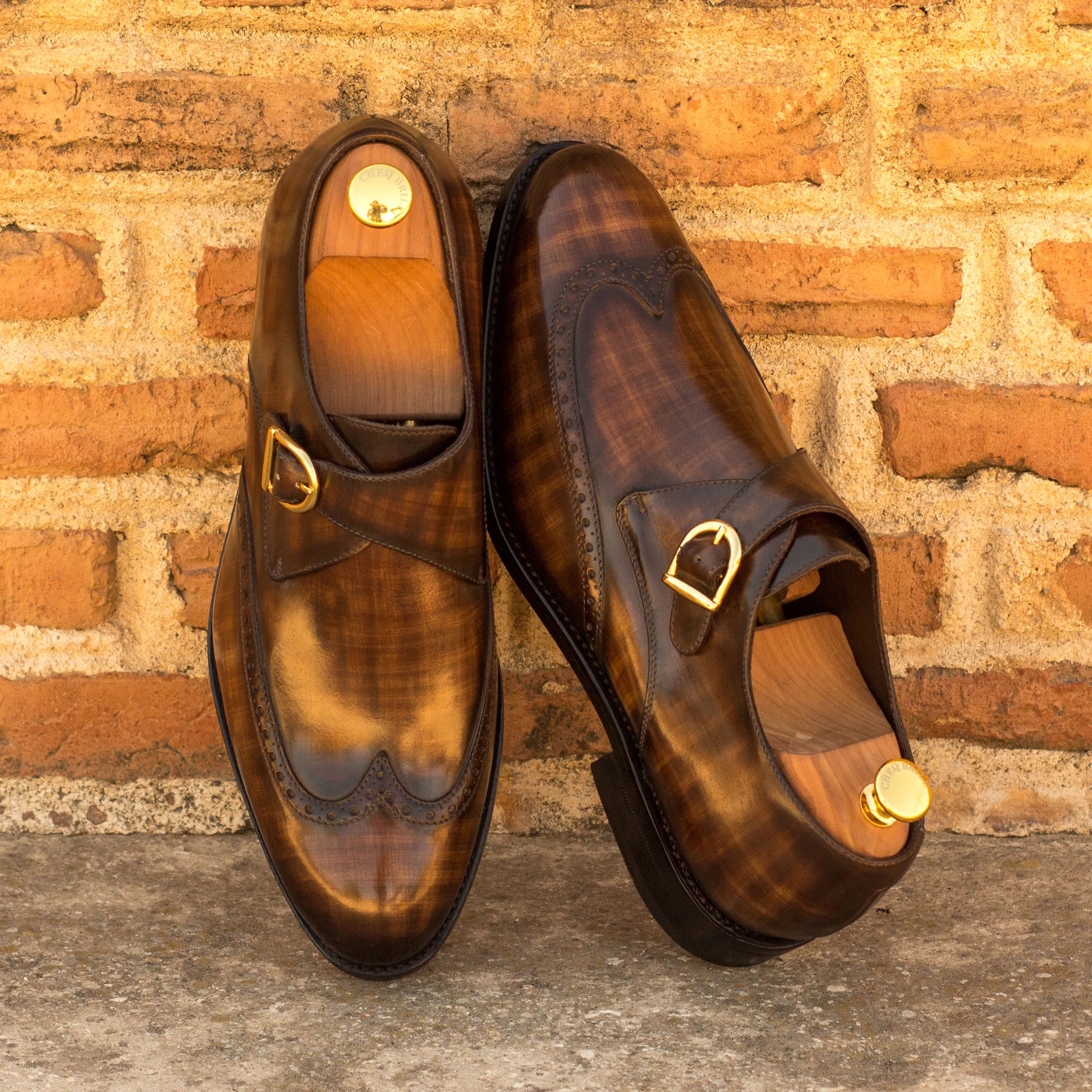 Rufus Patina Single Monk brown leather monk strap shoes