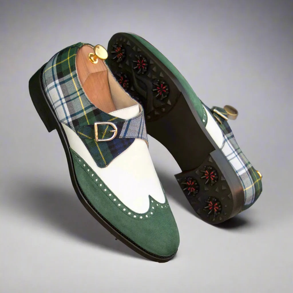 Scopas single monk green plaid brogue golf shoes