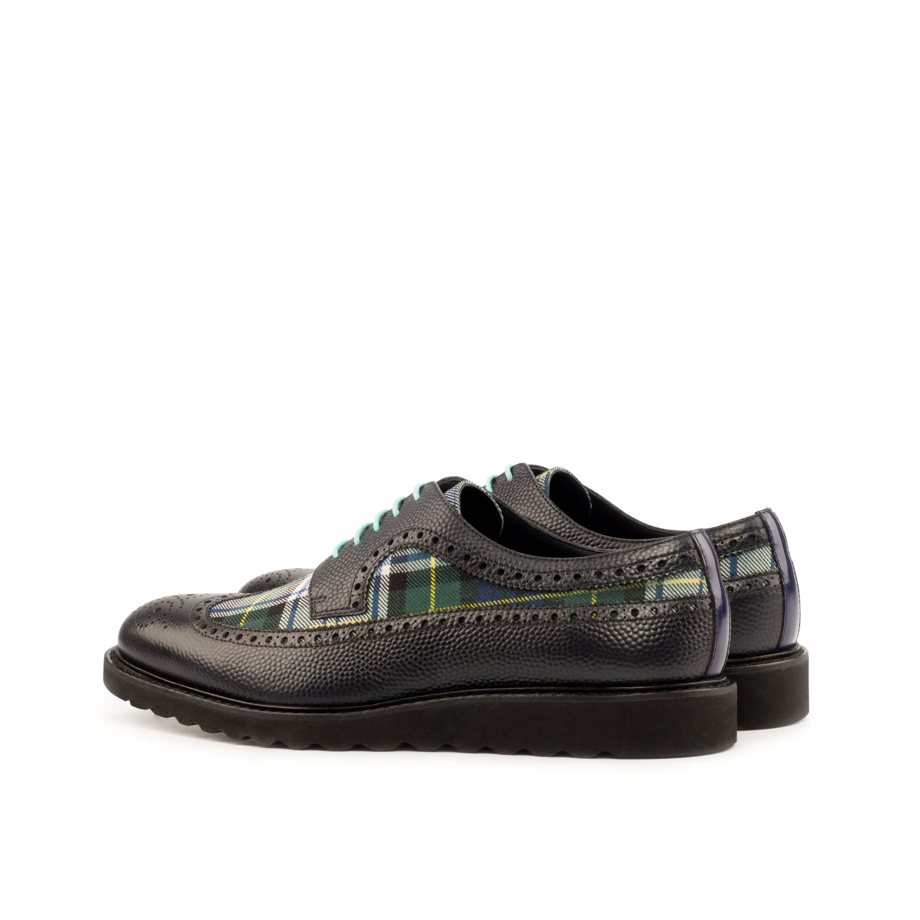 Seleucid Longwing Blucher II black leather plaid rounded toe wingtip shoes
