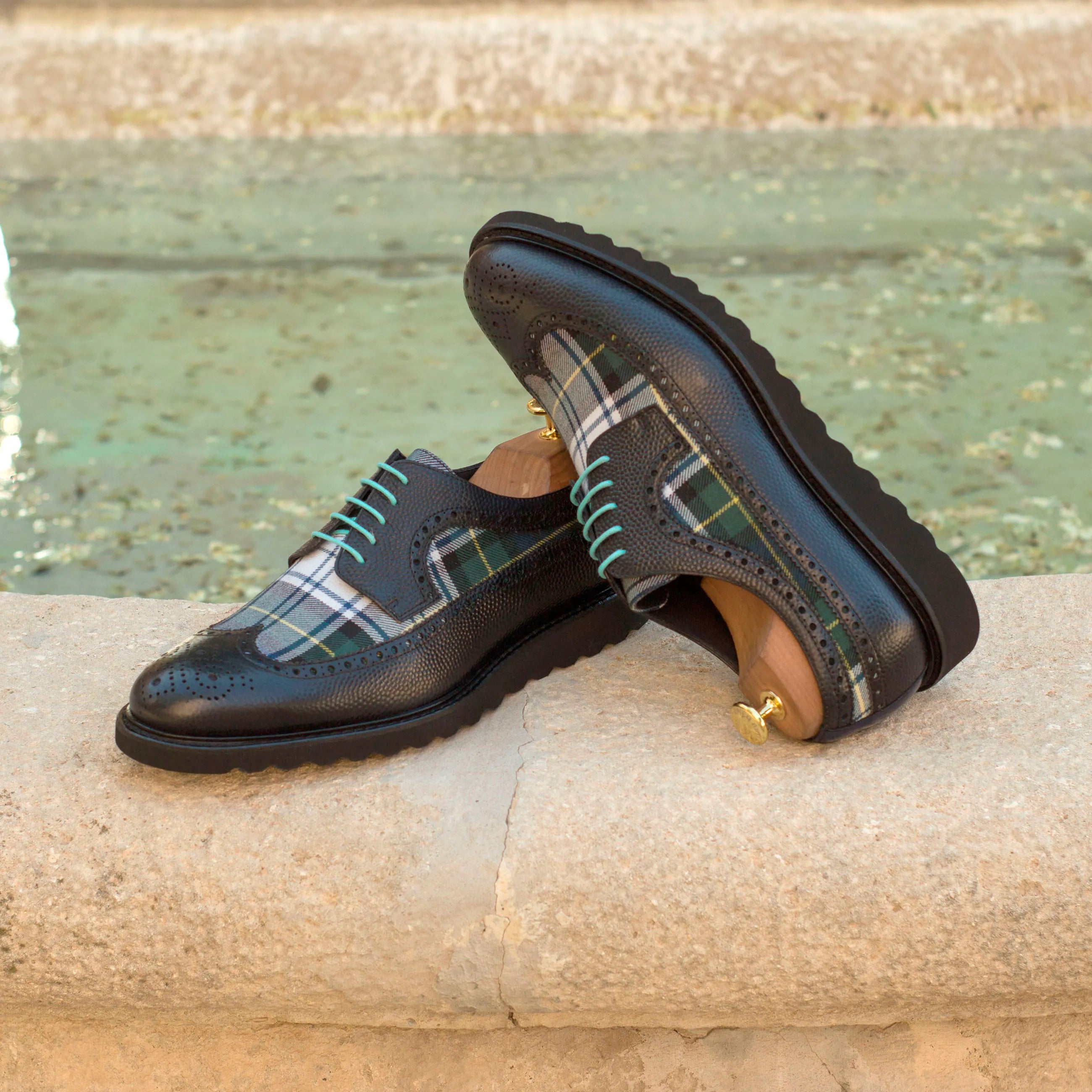 Seleucid Longwing Blucher II black leather plaid long wingtip blucher rounded toe