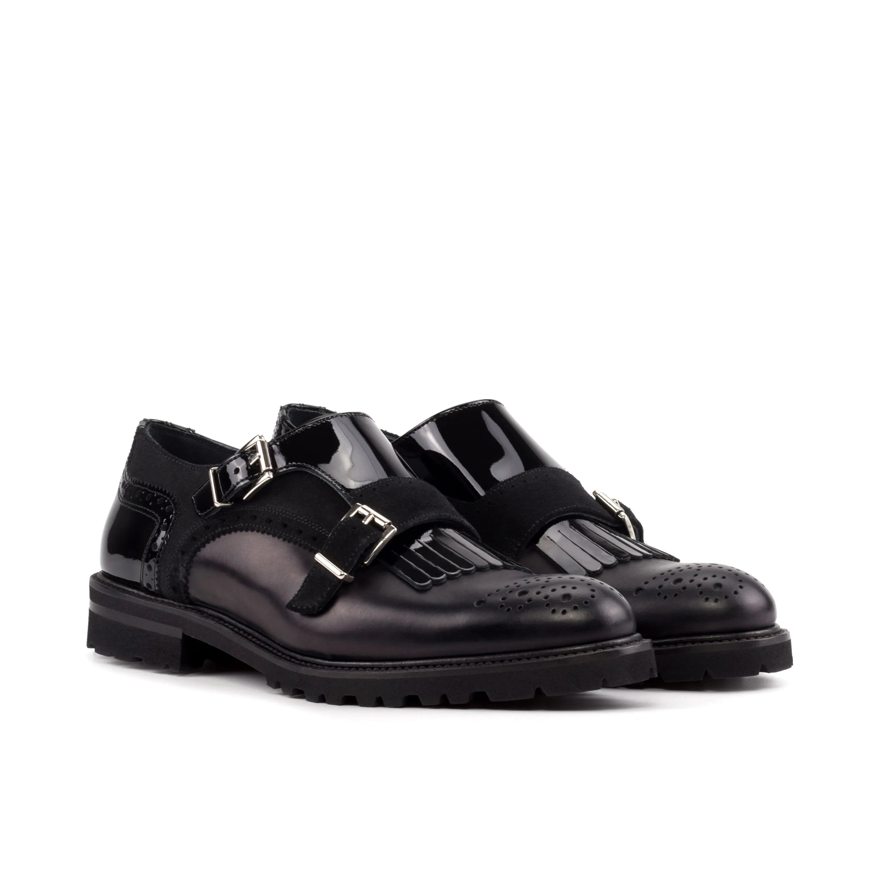 Shiv Kiltie unisex monk strap shoes in black patent leather