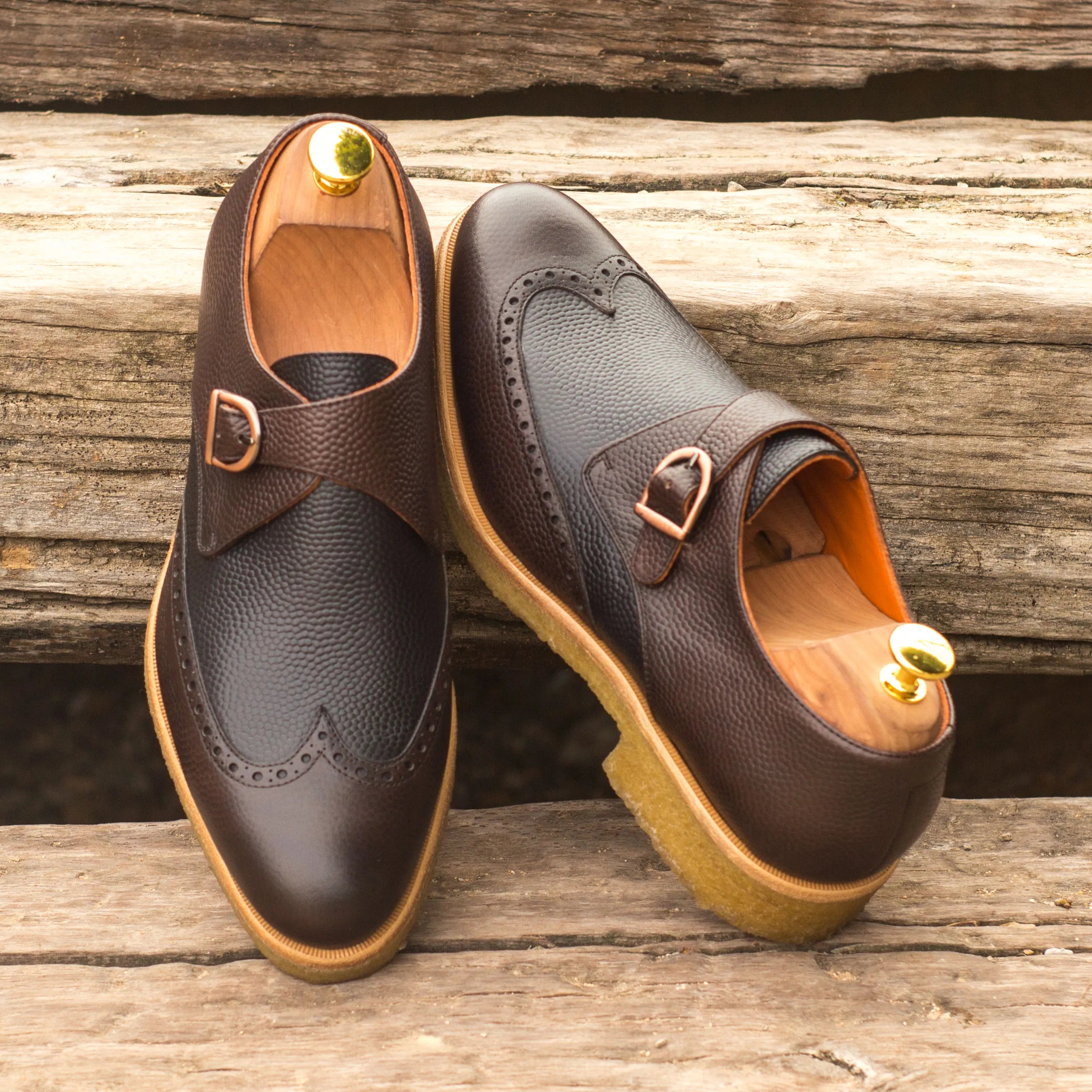 Two-tone brown pebble grain Sioux Single Monk shoes back view