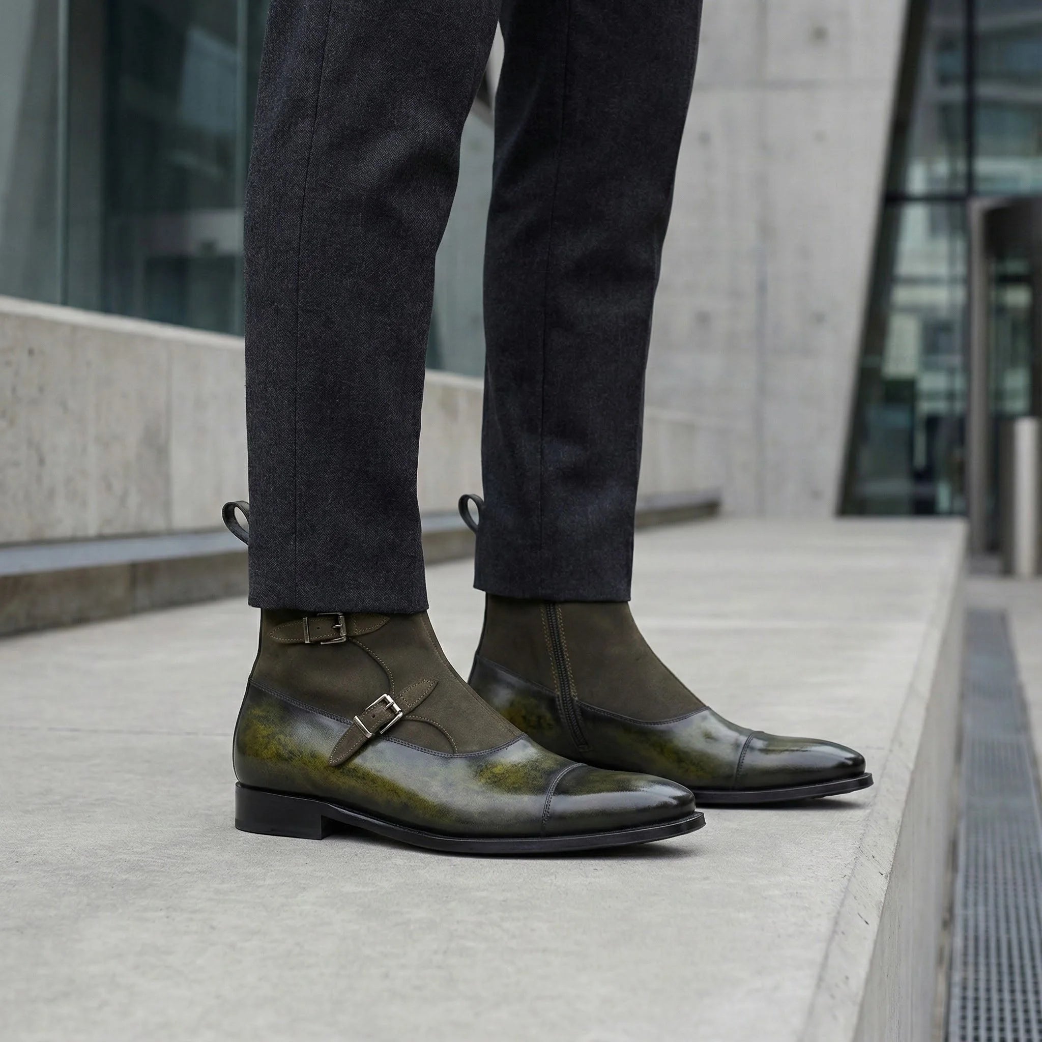 Smyrna Octavian Patina Boots II in olive green leather with polished toe cap