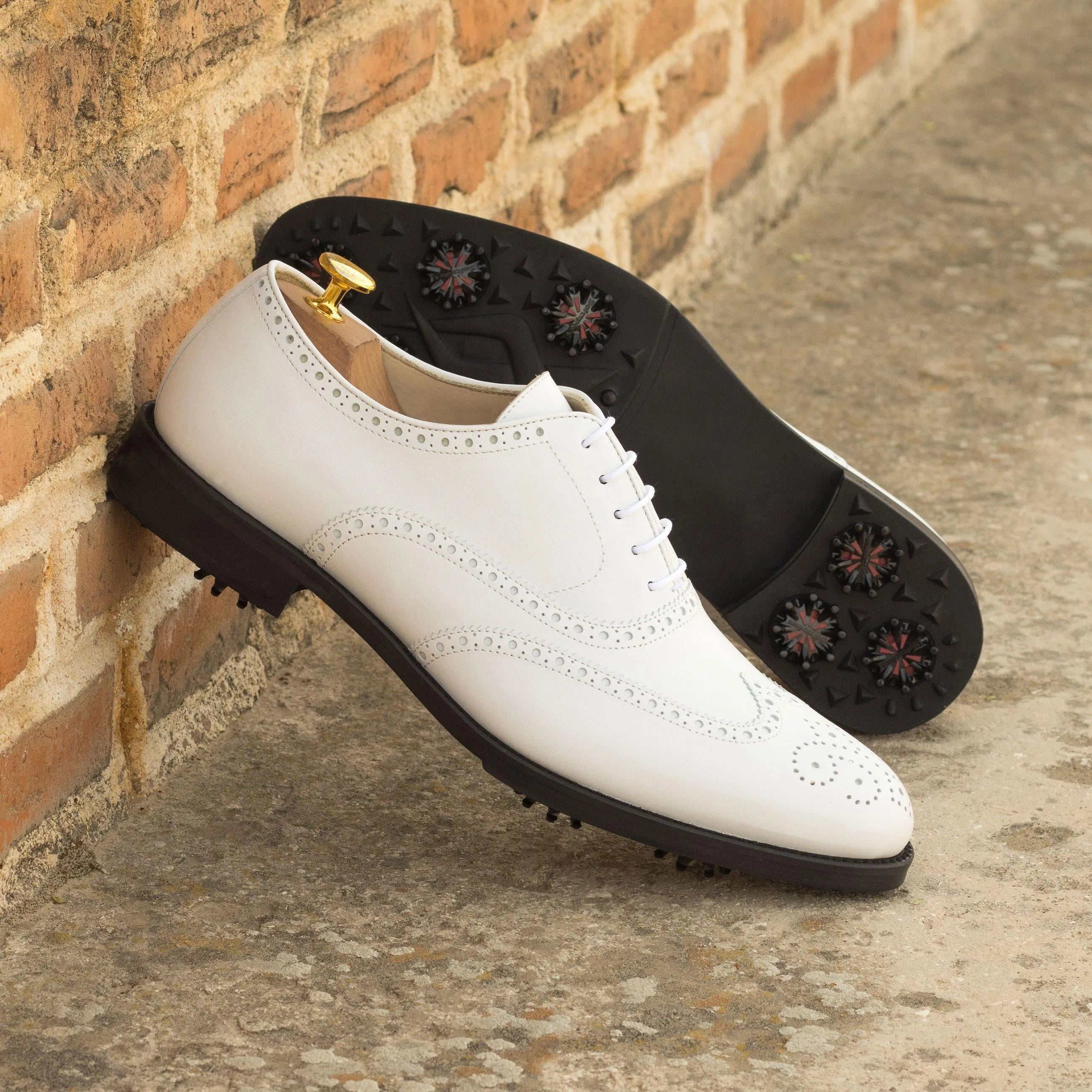 White leather Stan Full Brogue golf shoes II back view