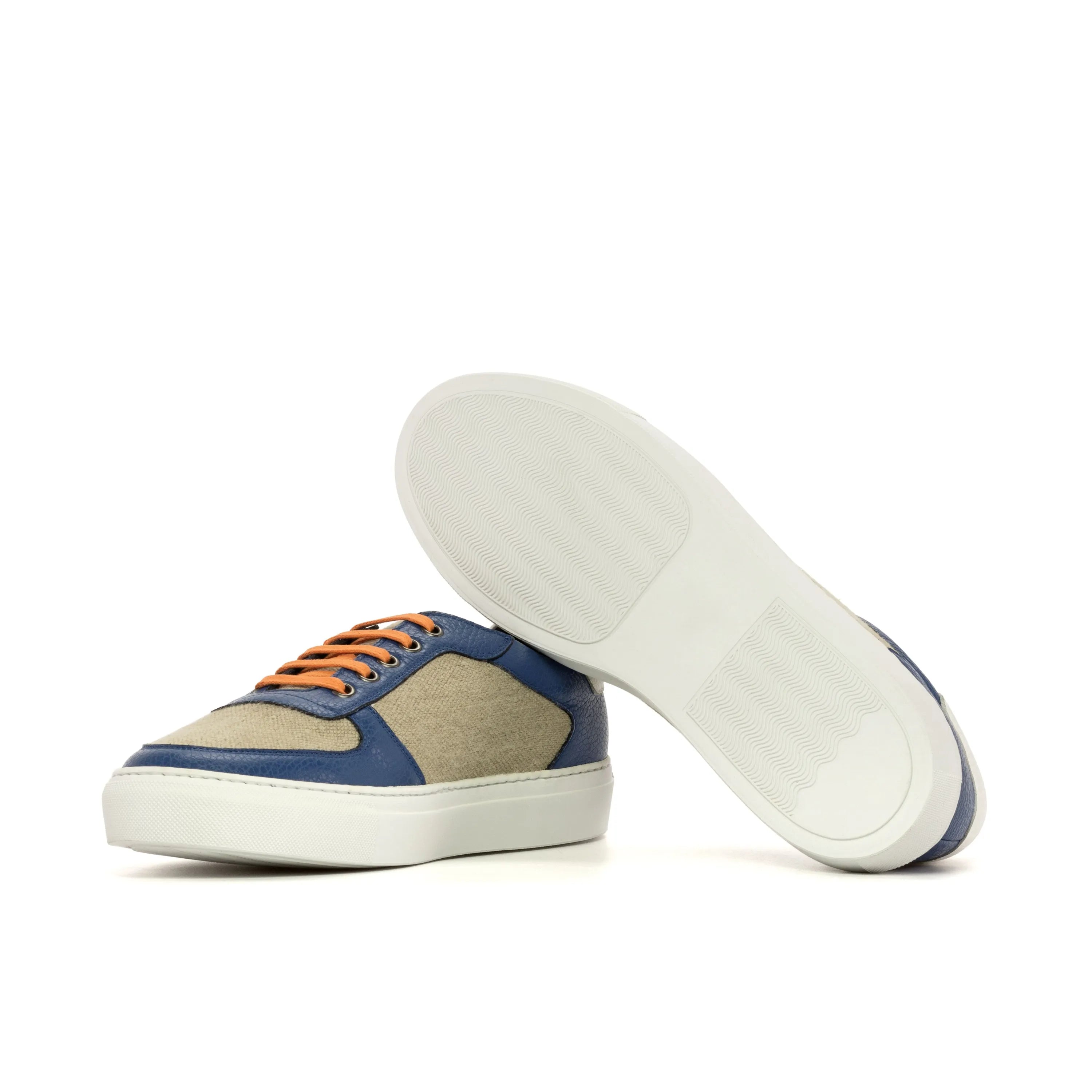 Talu low top sneaker in blue and beige leather, luxury bespoke shoes for men
