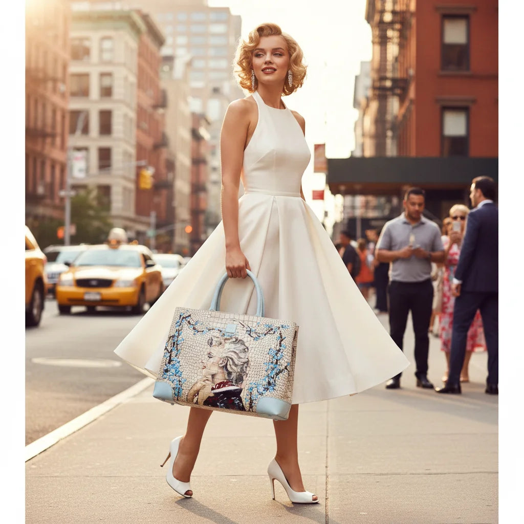 White satin dress with flared skirt by Marilyn Weekender Bag