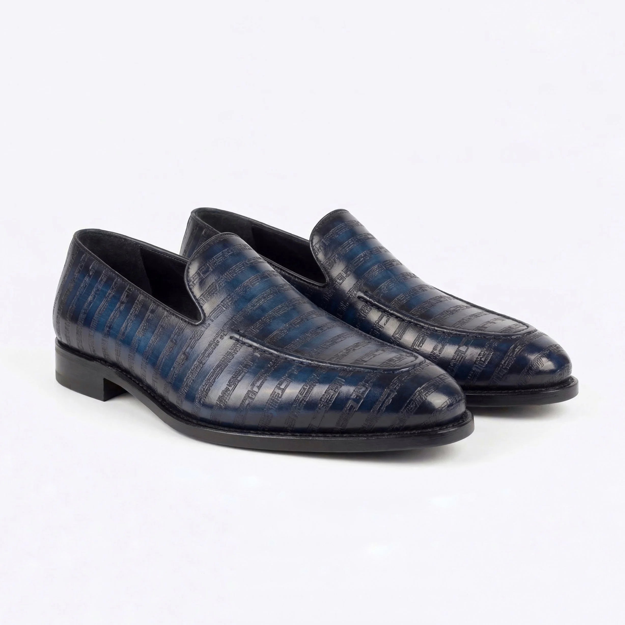 Dark blue Poet VIII Patina leather loafers with embossed pattern