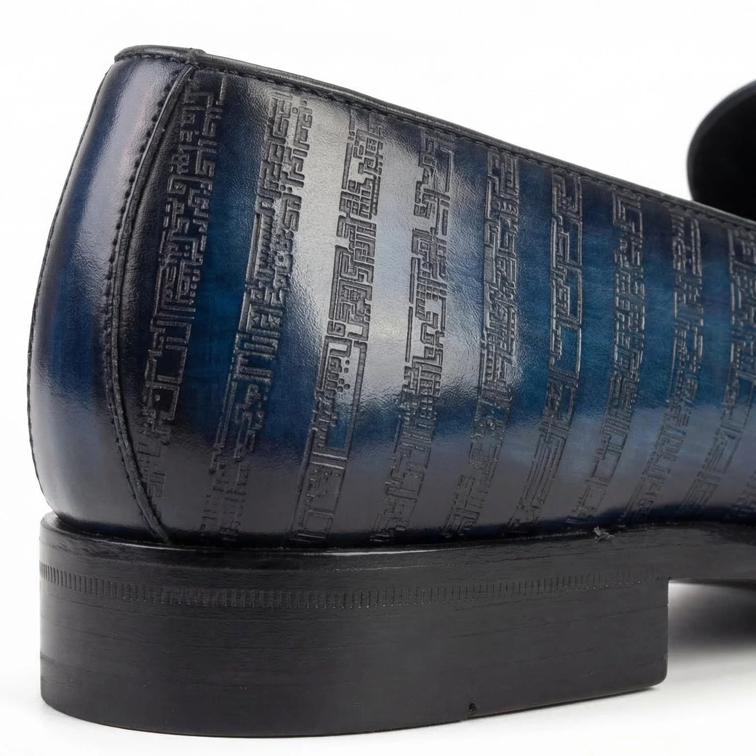 Poet VIII Patina deep blue leather loafer with embossed geometric patterns