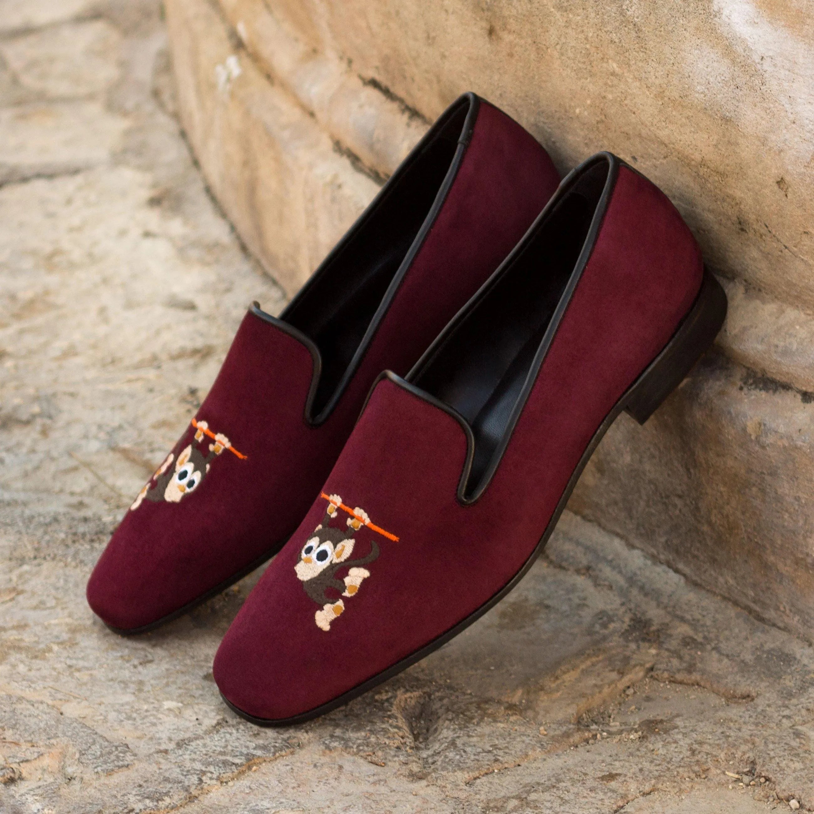 Tito Drake Slipon II maroon velvet monkey-embroidered loafers